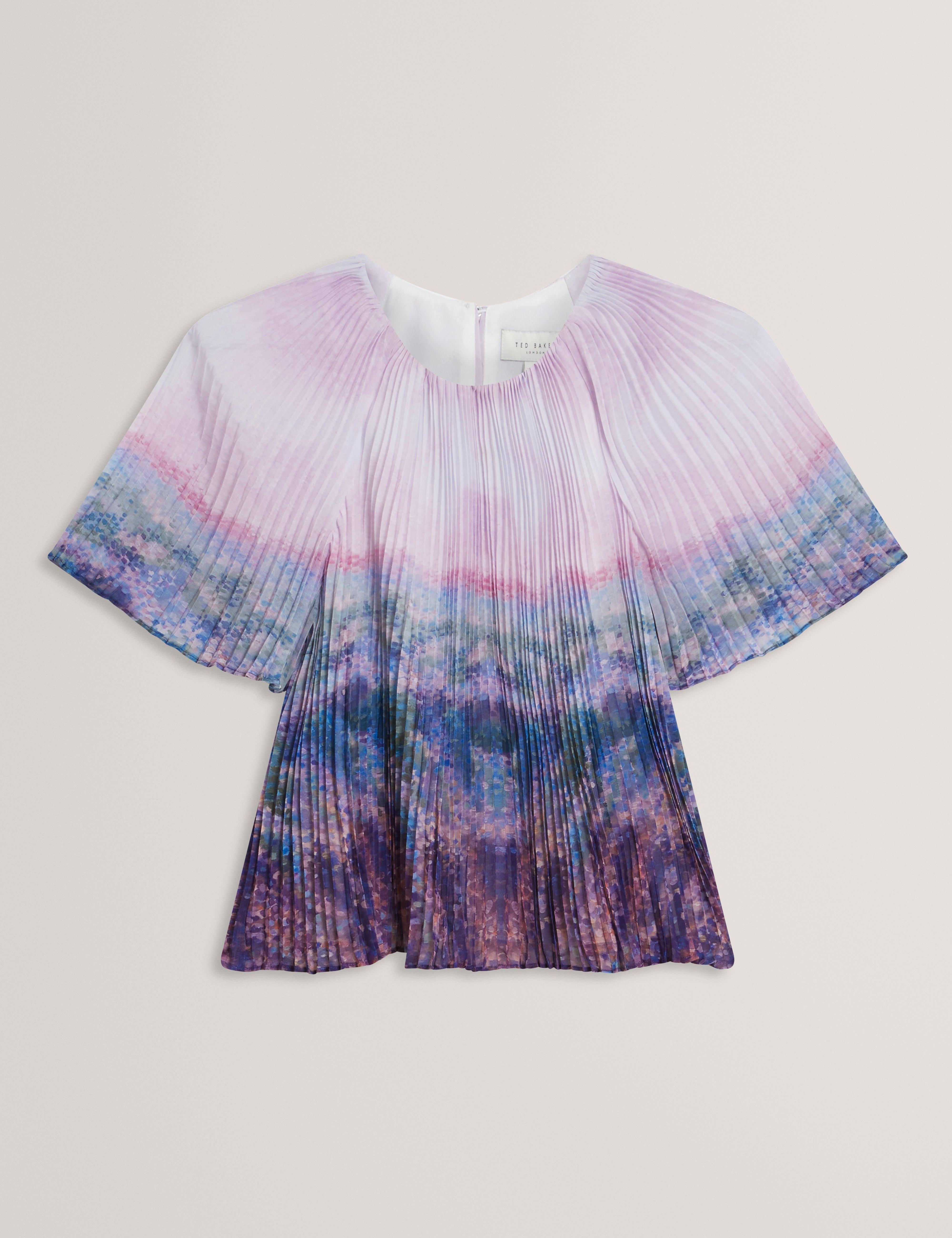 Aharra Printed Pleated Short Sleeve Blouse Mid-Pink