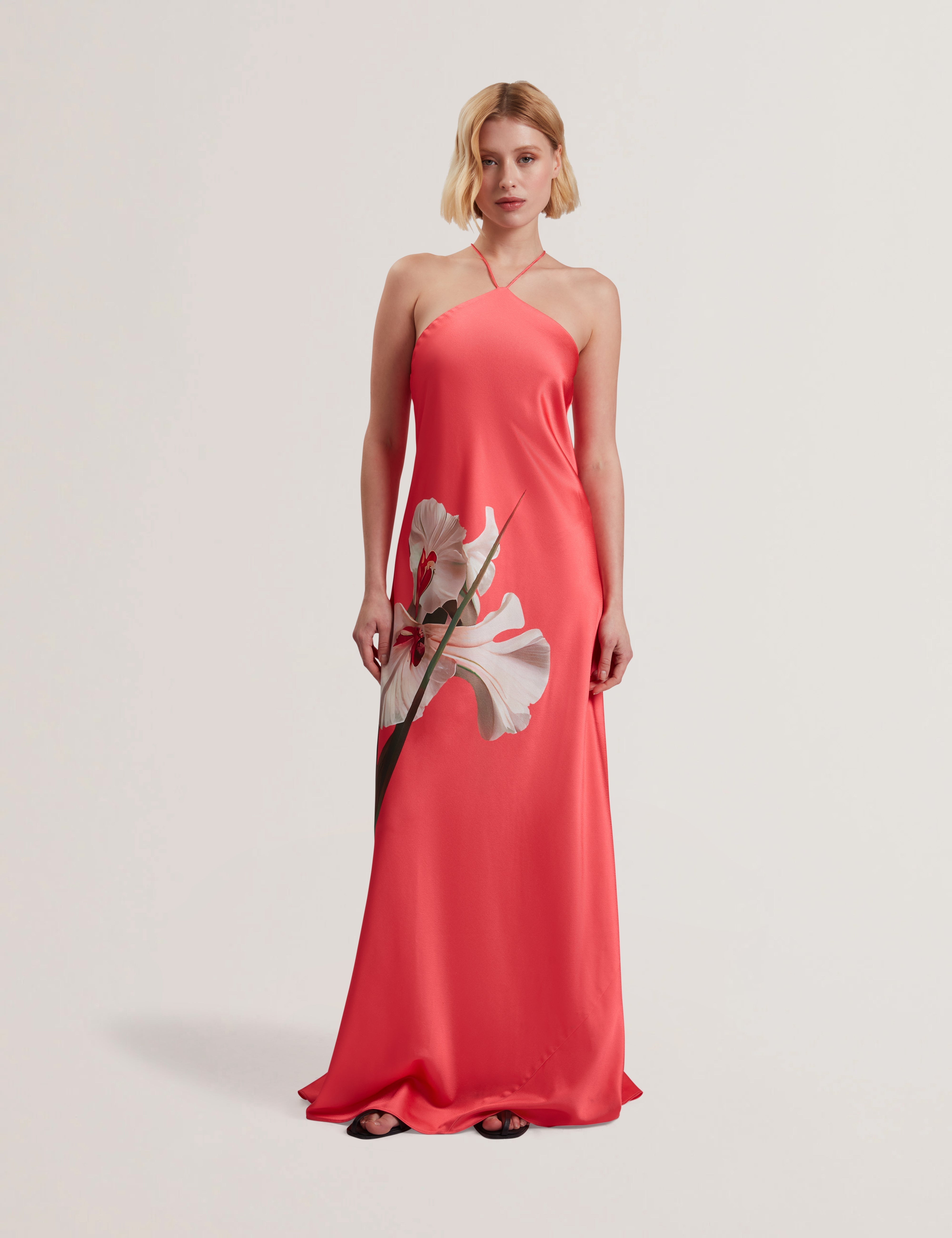 Ajima Halter Neck Bias Cut Maxi Dress Coral