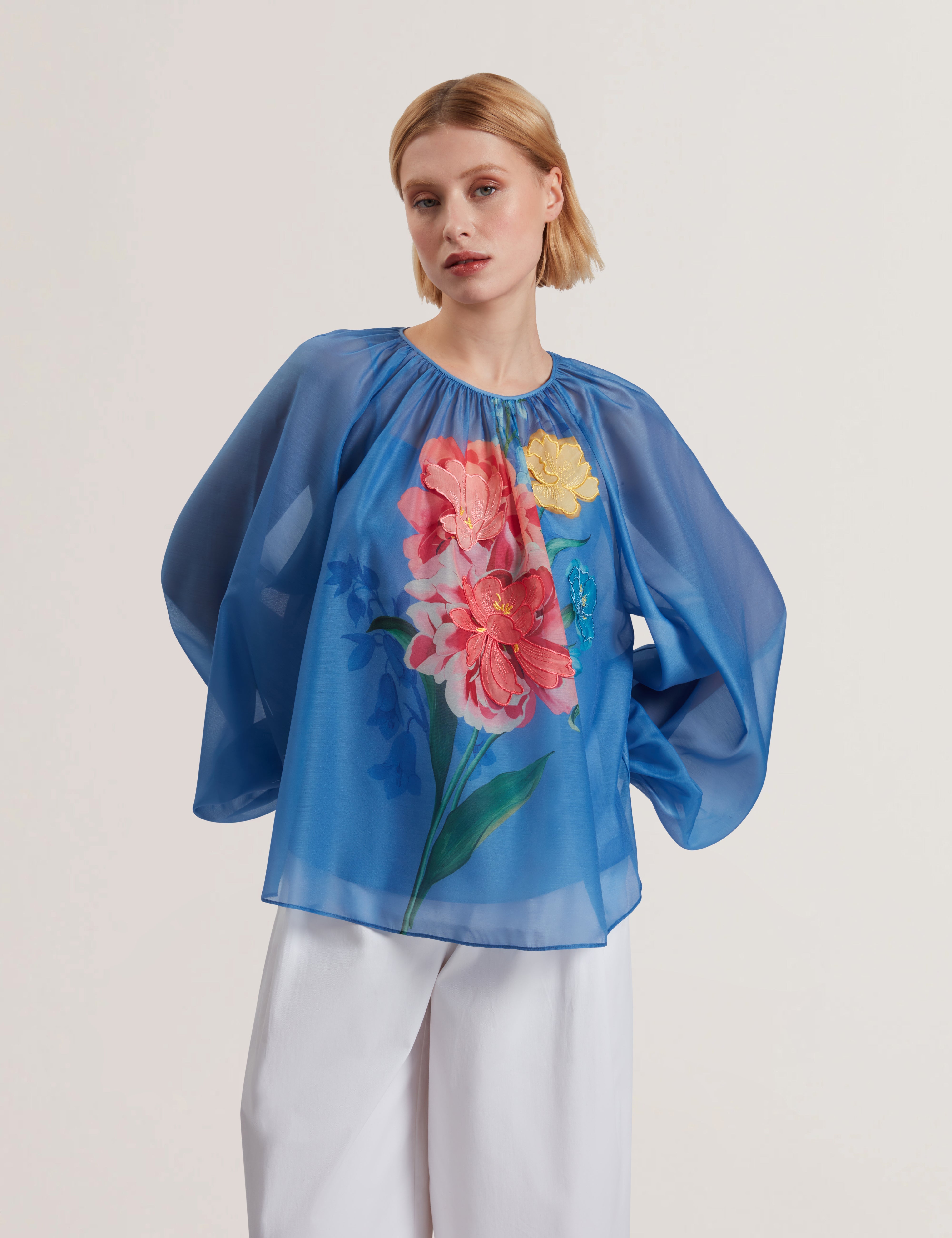 Alria Printed Organza Puff Sleeve Blouse Mid-Blue
