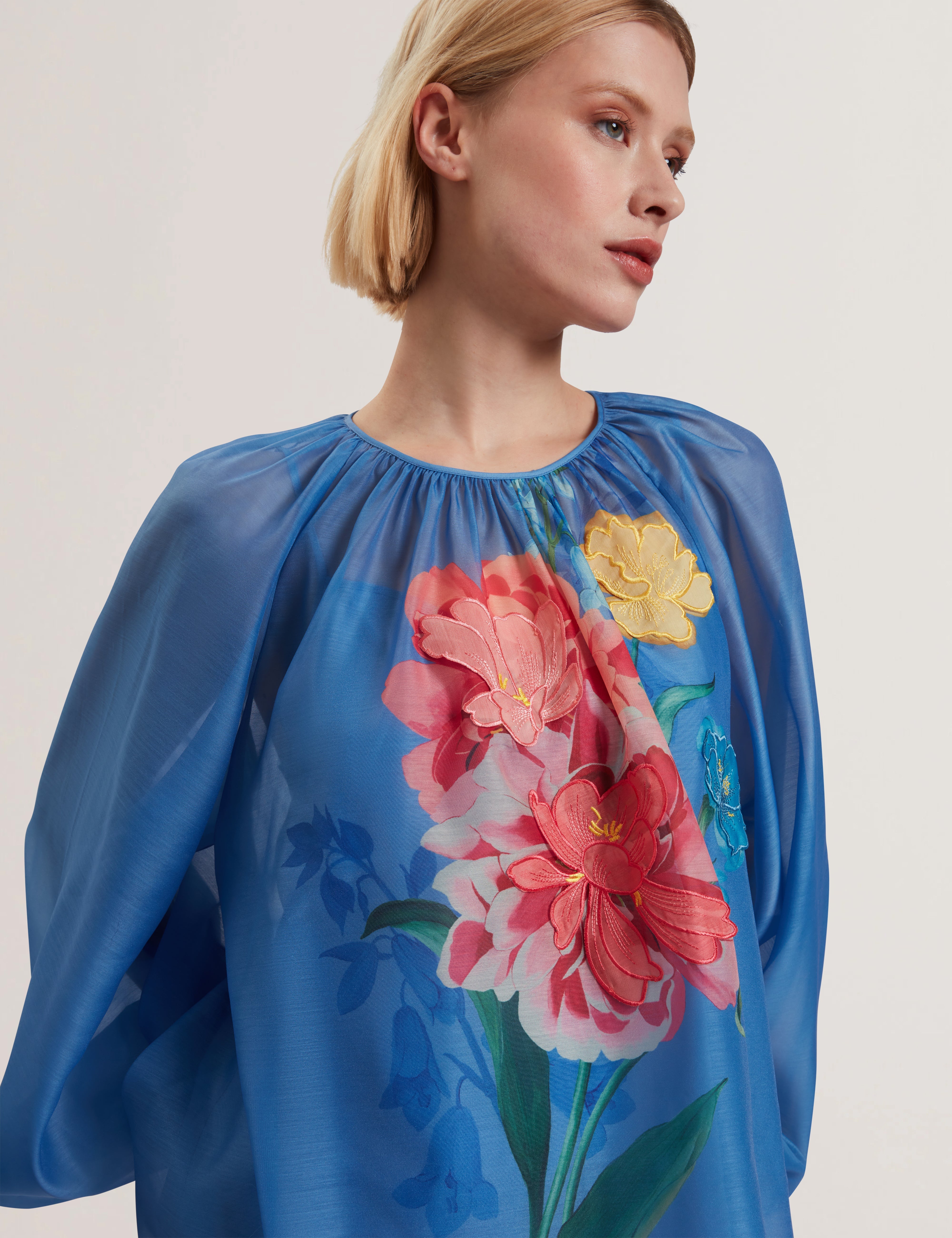 Alria Printed Organza Puff Sleeve Blouse Mid-Blue