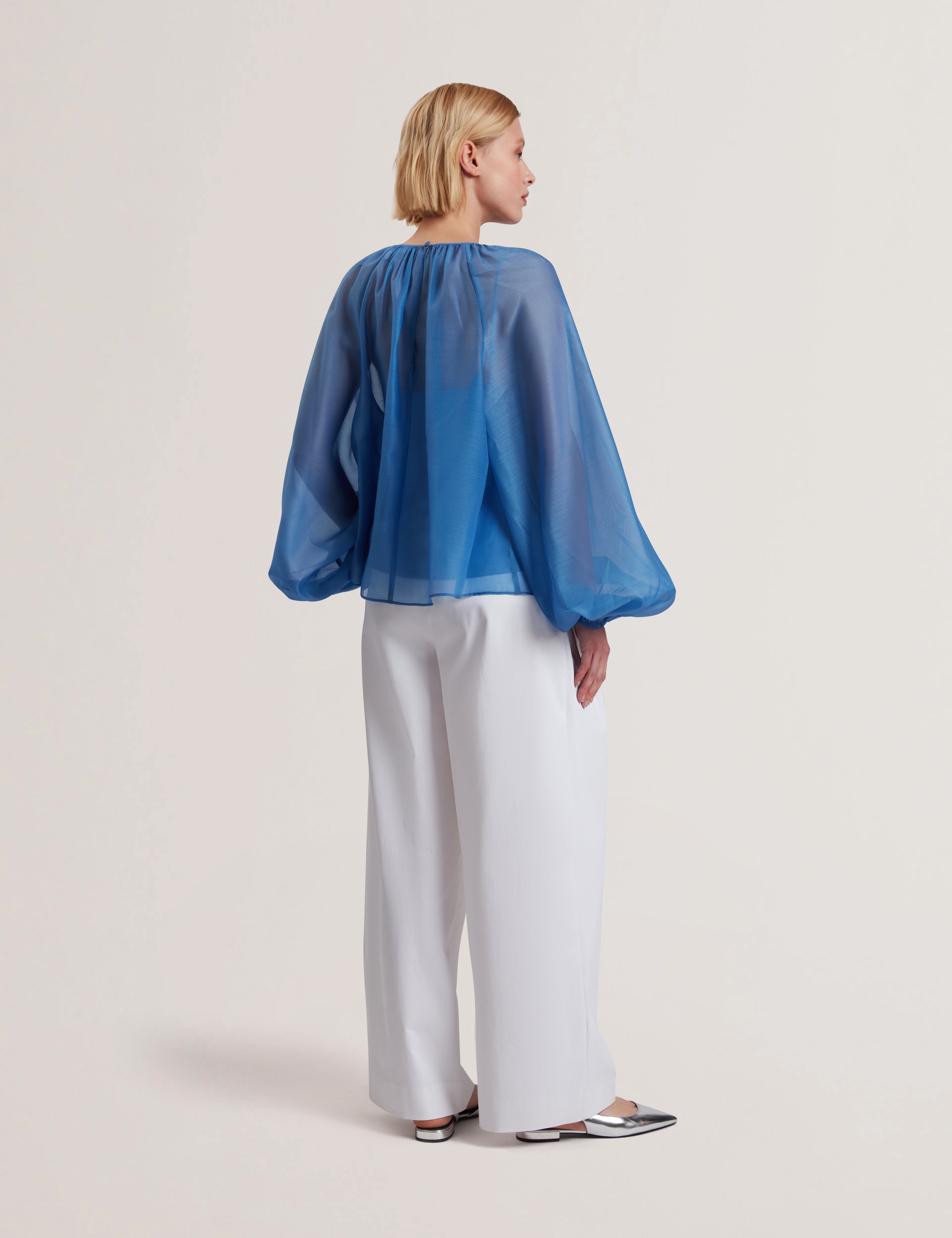 Alria Printed Organza Puff Sleeve Blouse Mid-Blue