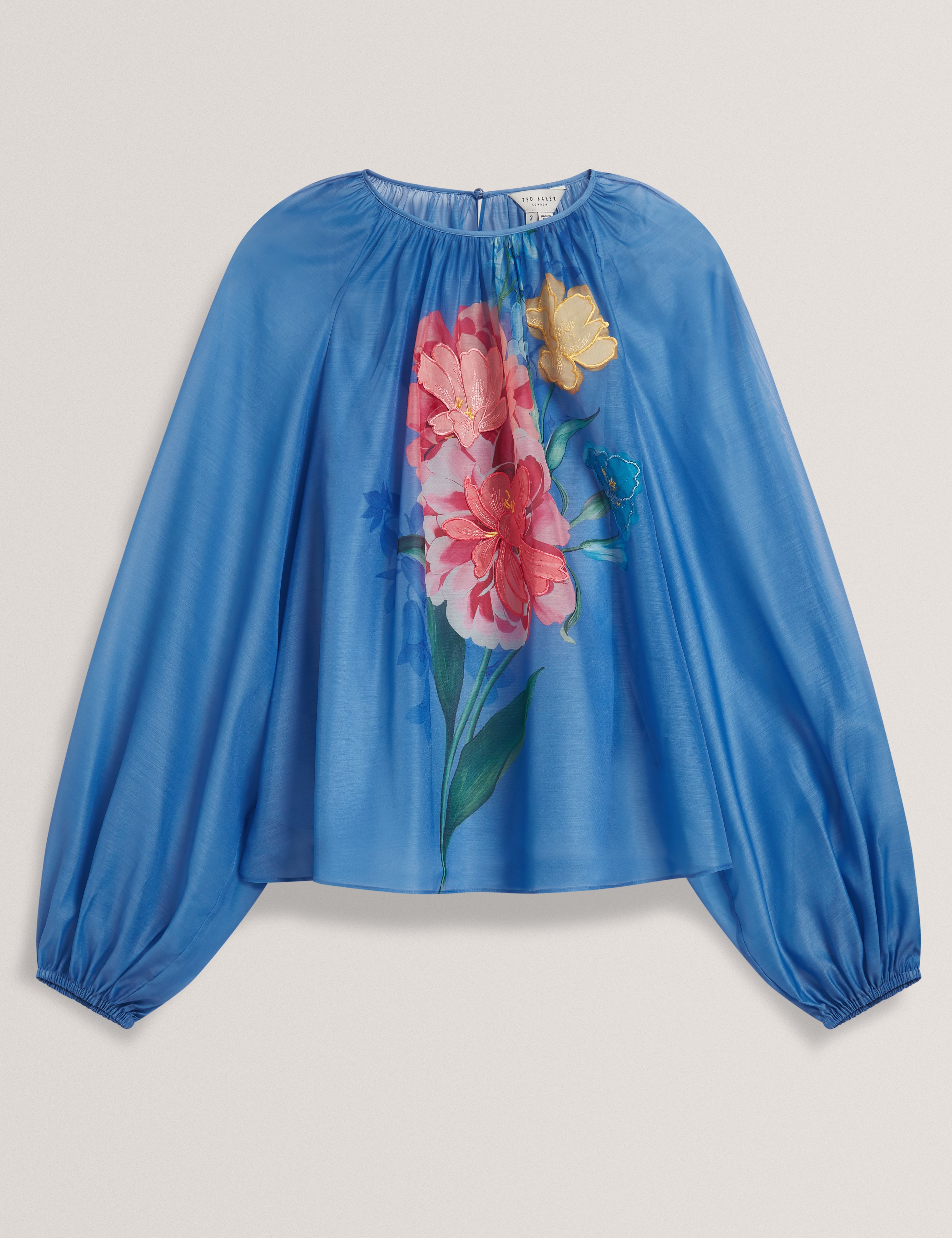 Alria Printed Organza Puff Sleeve Blouse Mid-Blue