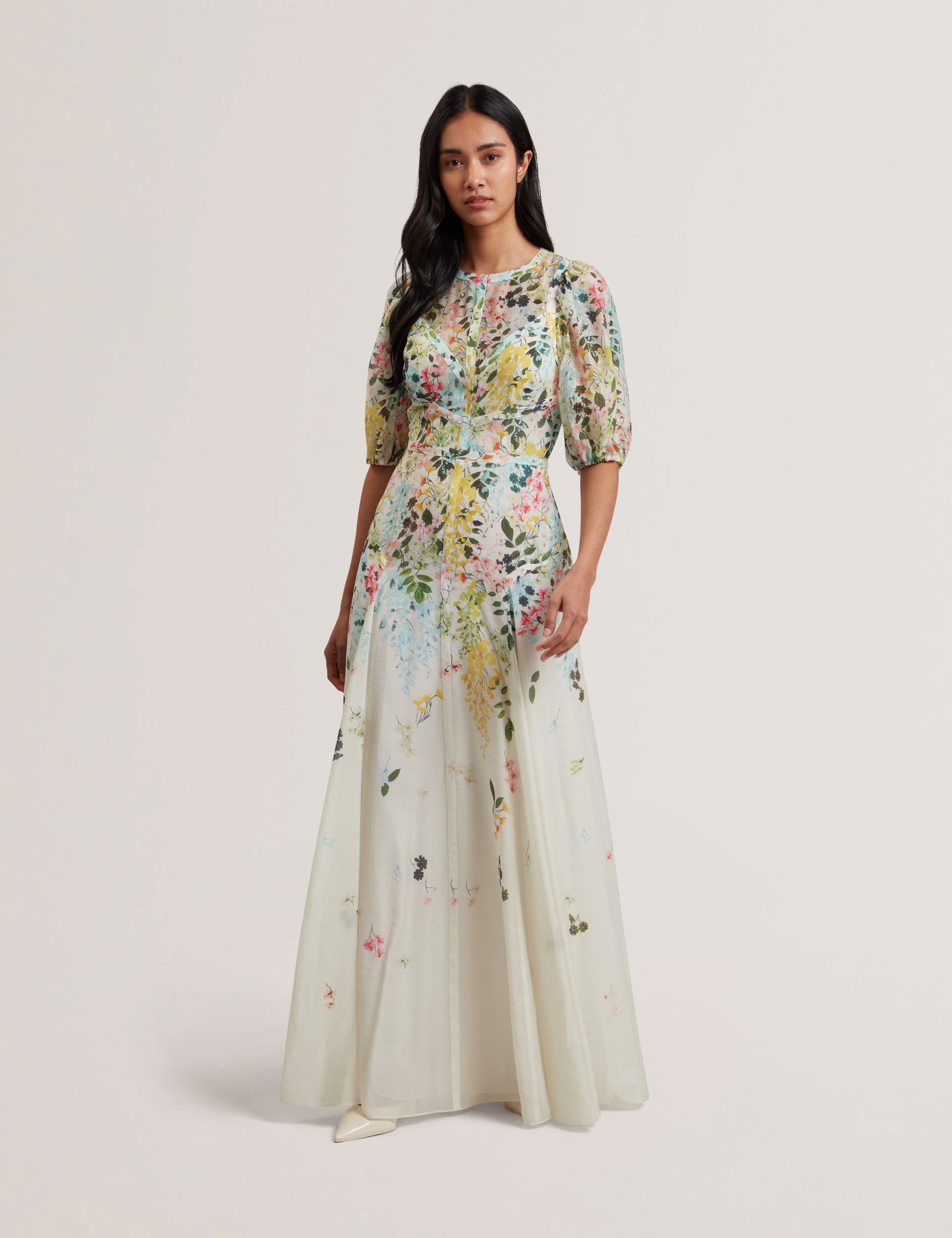 Arimza Printed Puff Short Sleeve Maxi Dress Ivory