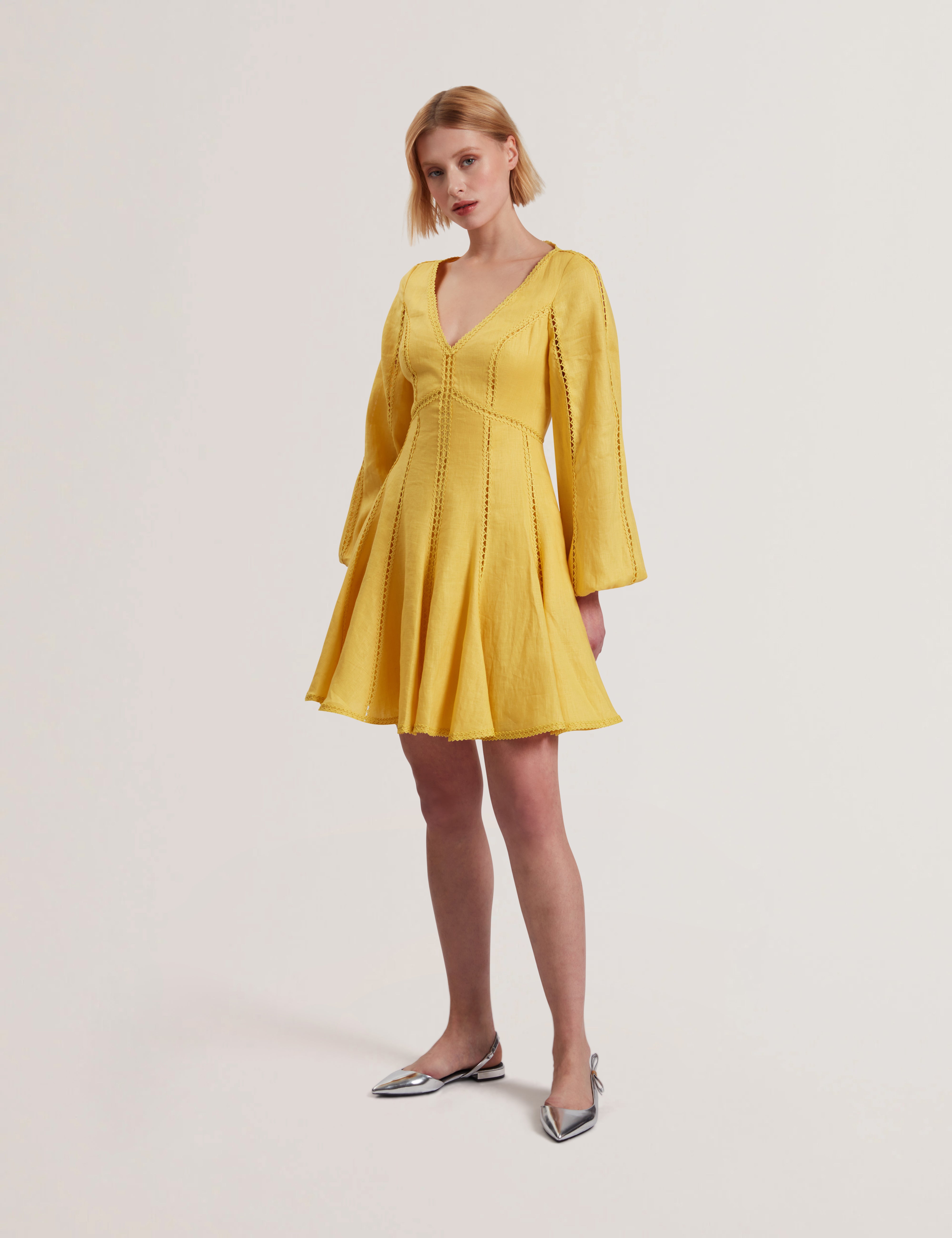 Emerda Trim Detail Linen Mini Dress Yellow