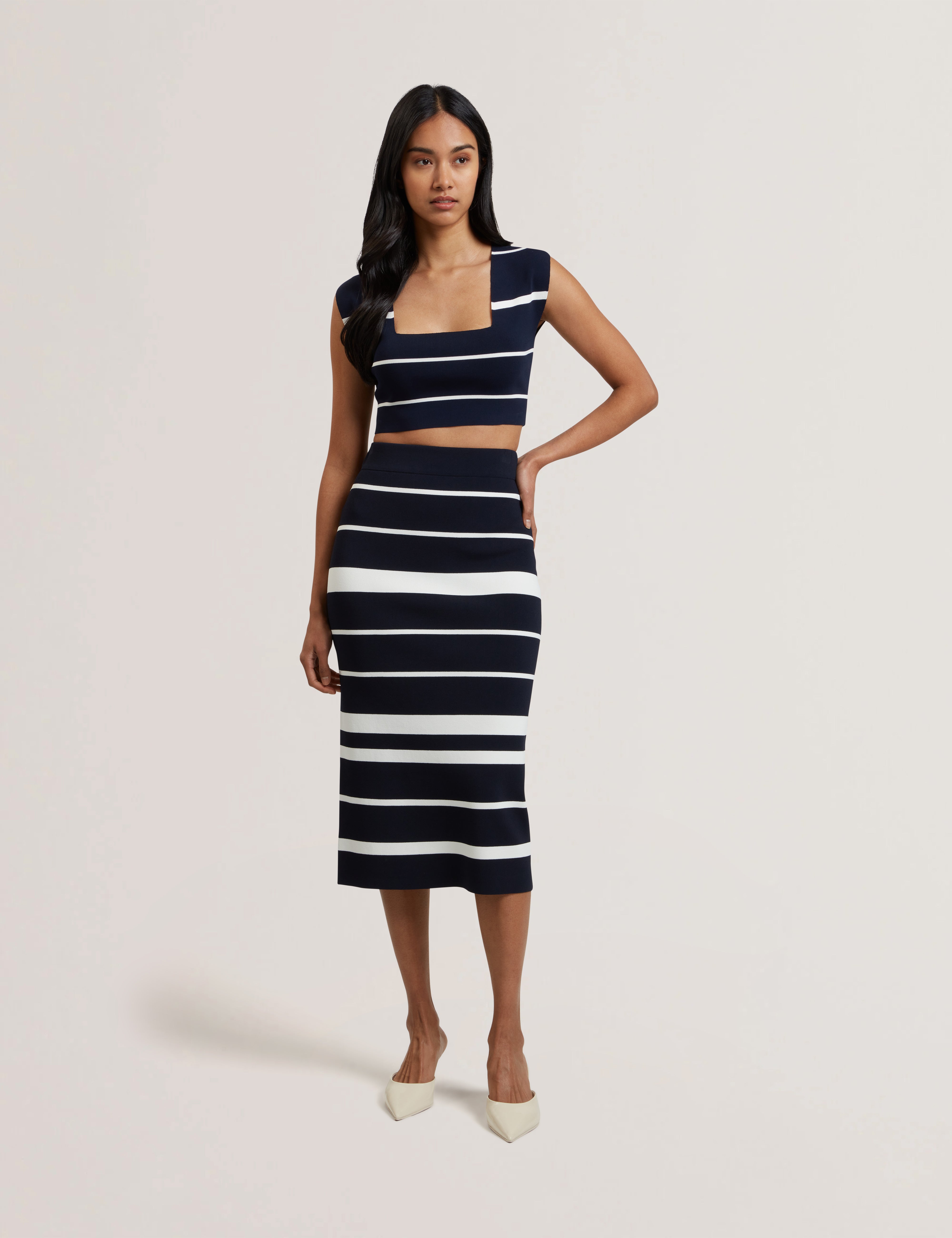 Emiliha Striped Bodycon Knit Skirt Navy