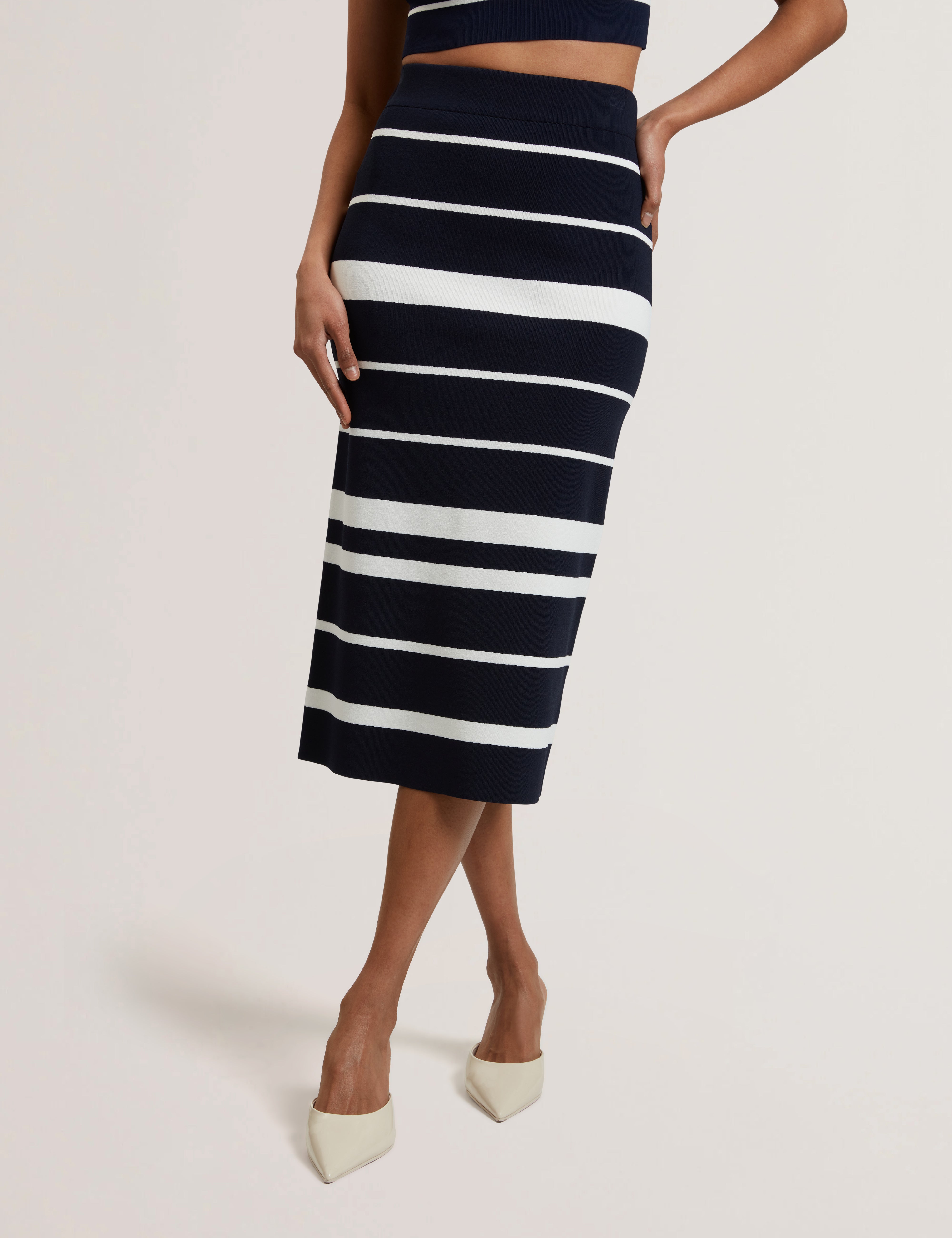 Emiliha Striped Bodycon Knit Skirt Navy