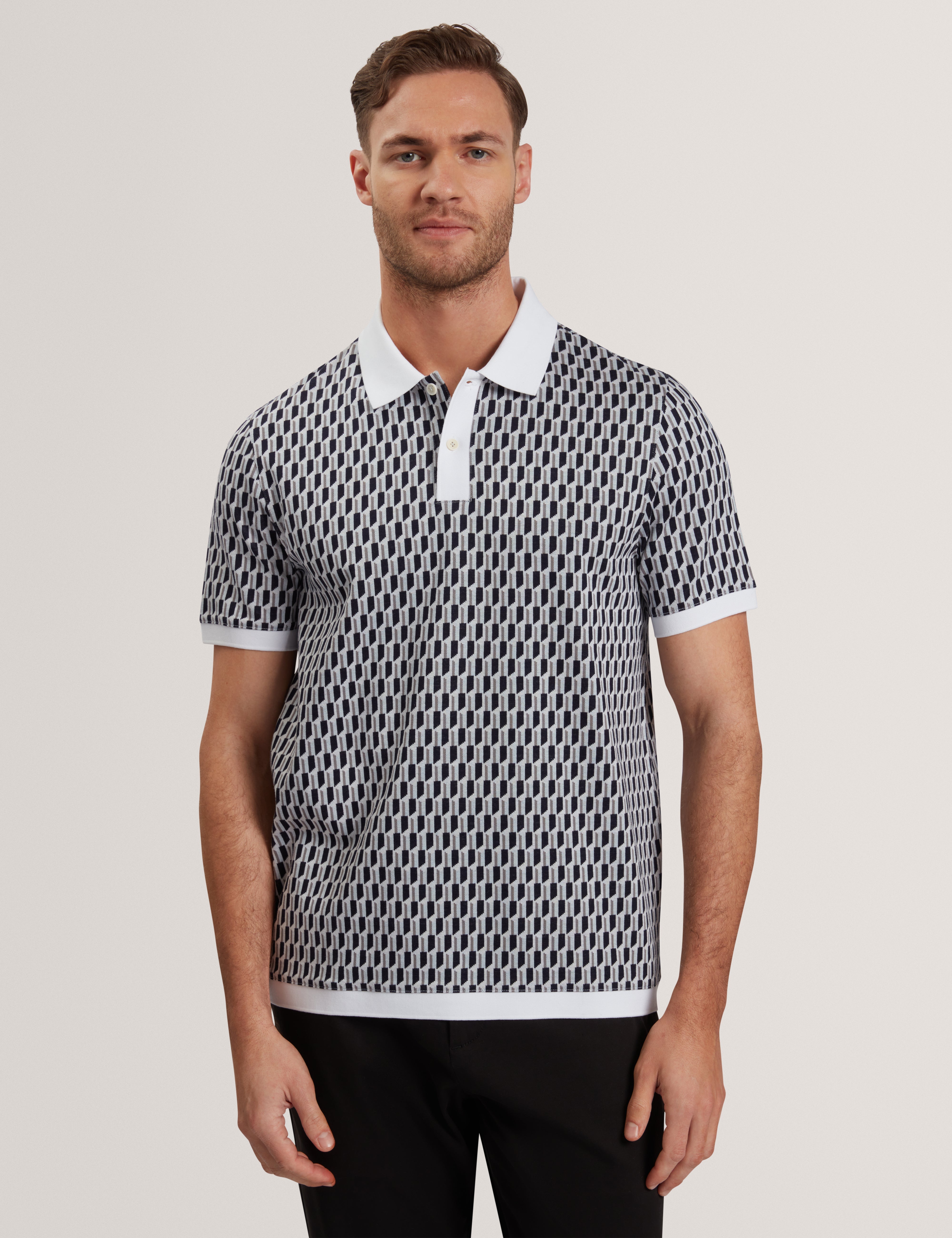 Hamishs Short Sleeve Jacquard Stripe Geo Polo Mid-Blue