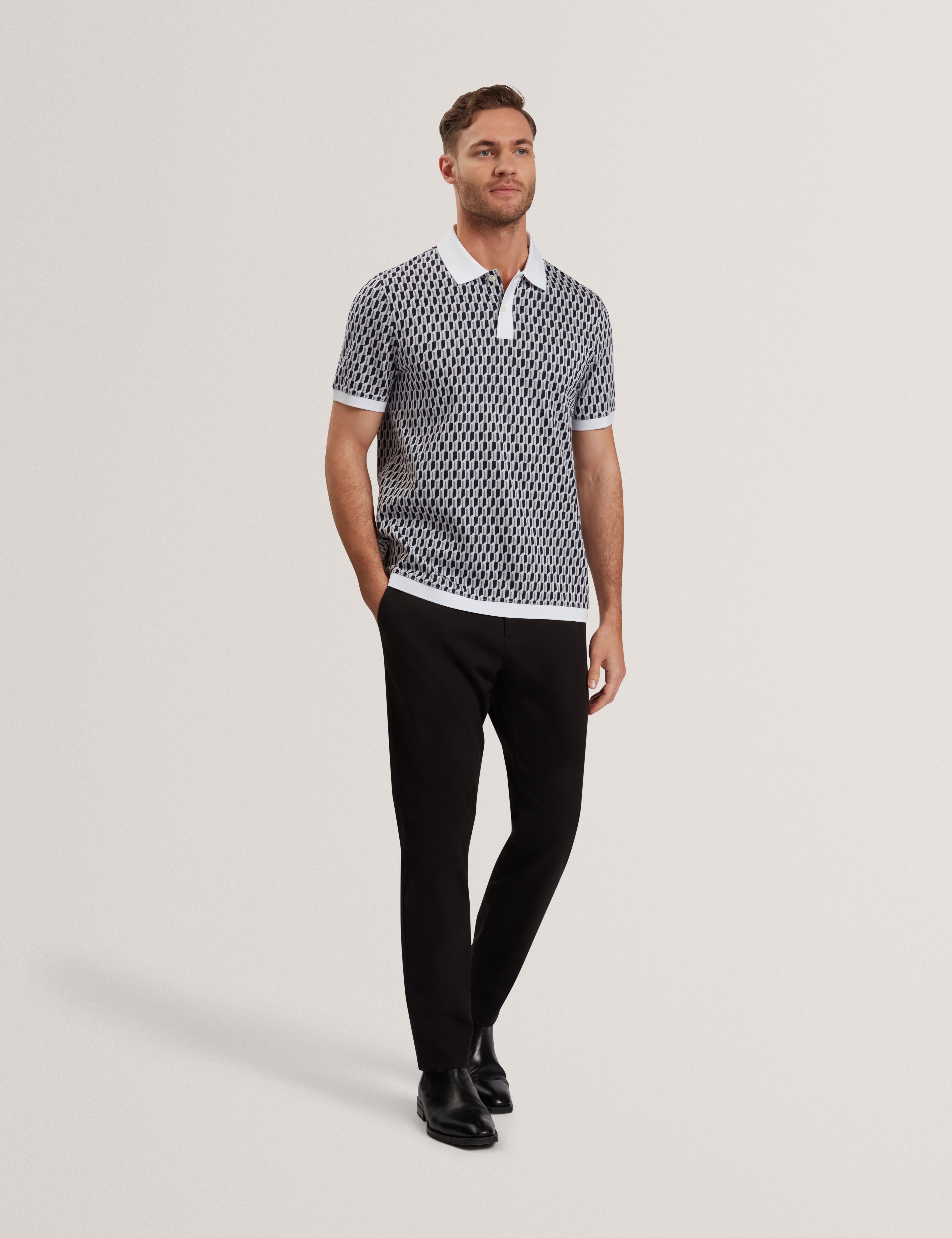 Hamishs Short Sleeve Jacquard Stripe Geo Polo Mid-Blue