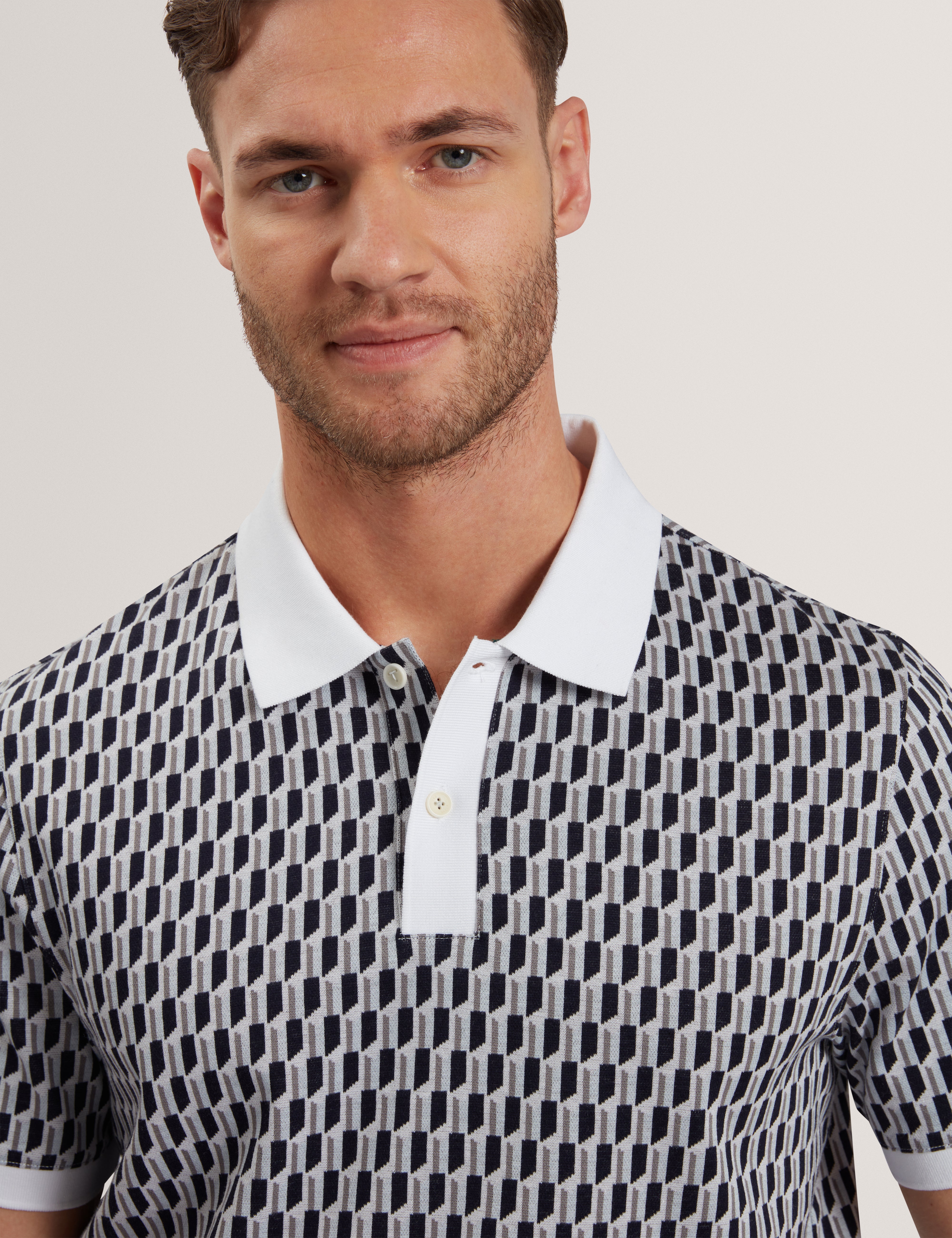 Hamishs Short Sleeve Jacquard Stripe Geo Polo Mid-Blue