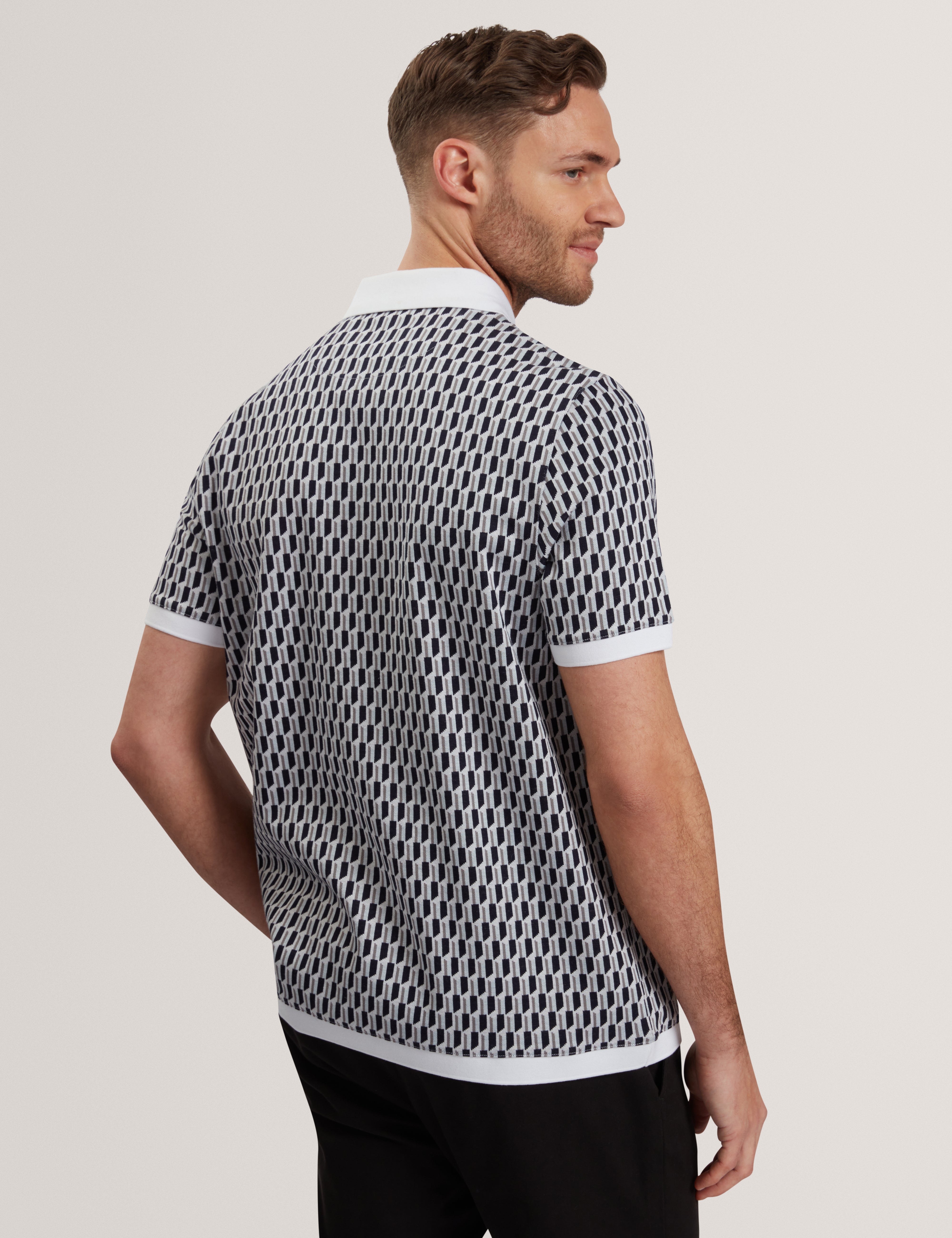 Hamishs Short Sleeve Jacquard Stripe Geo Polo Mid-Blue