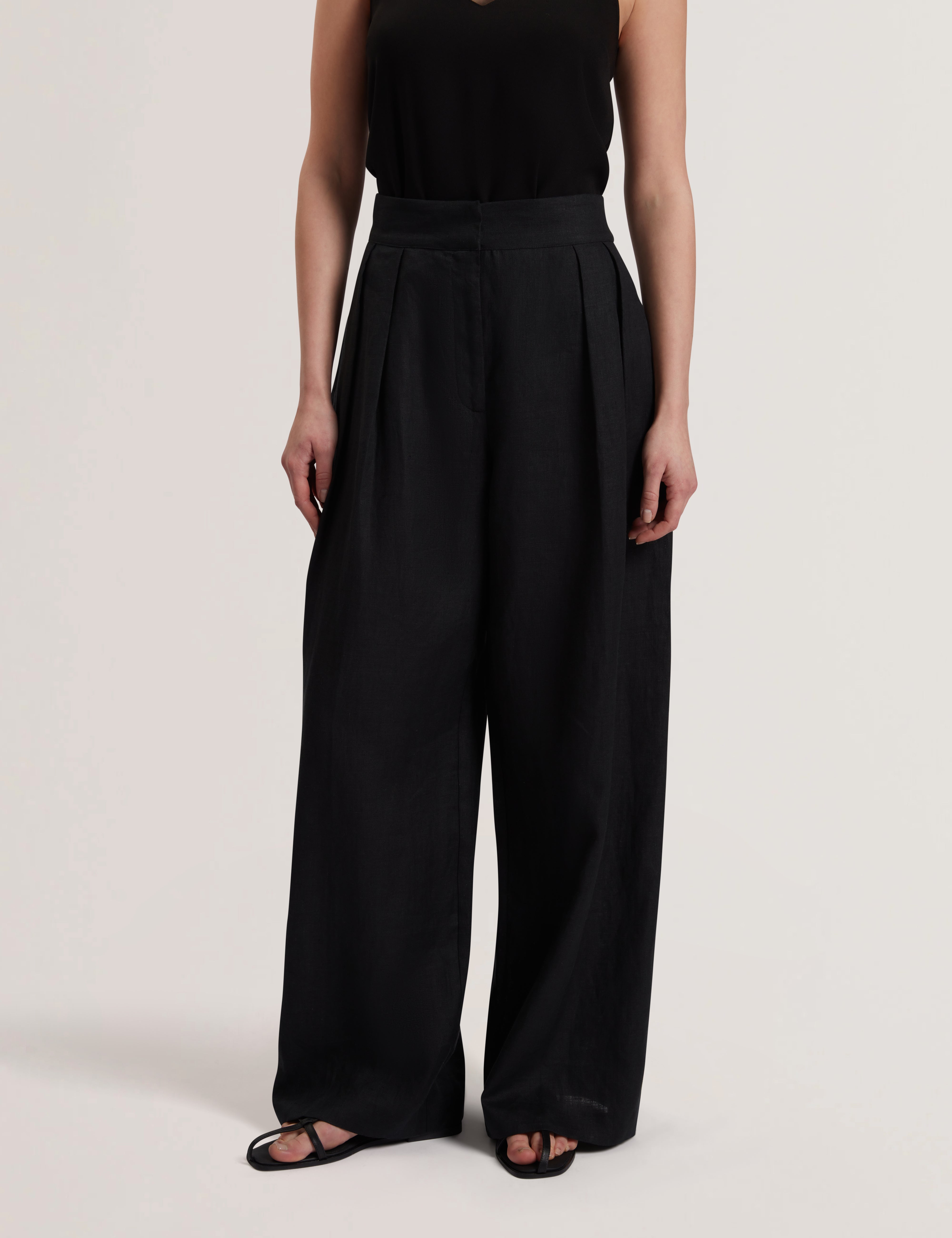 Kyfaat Tailored Linen High Waisted Wide Leg Trousers Black