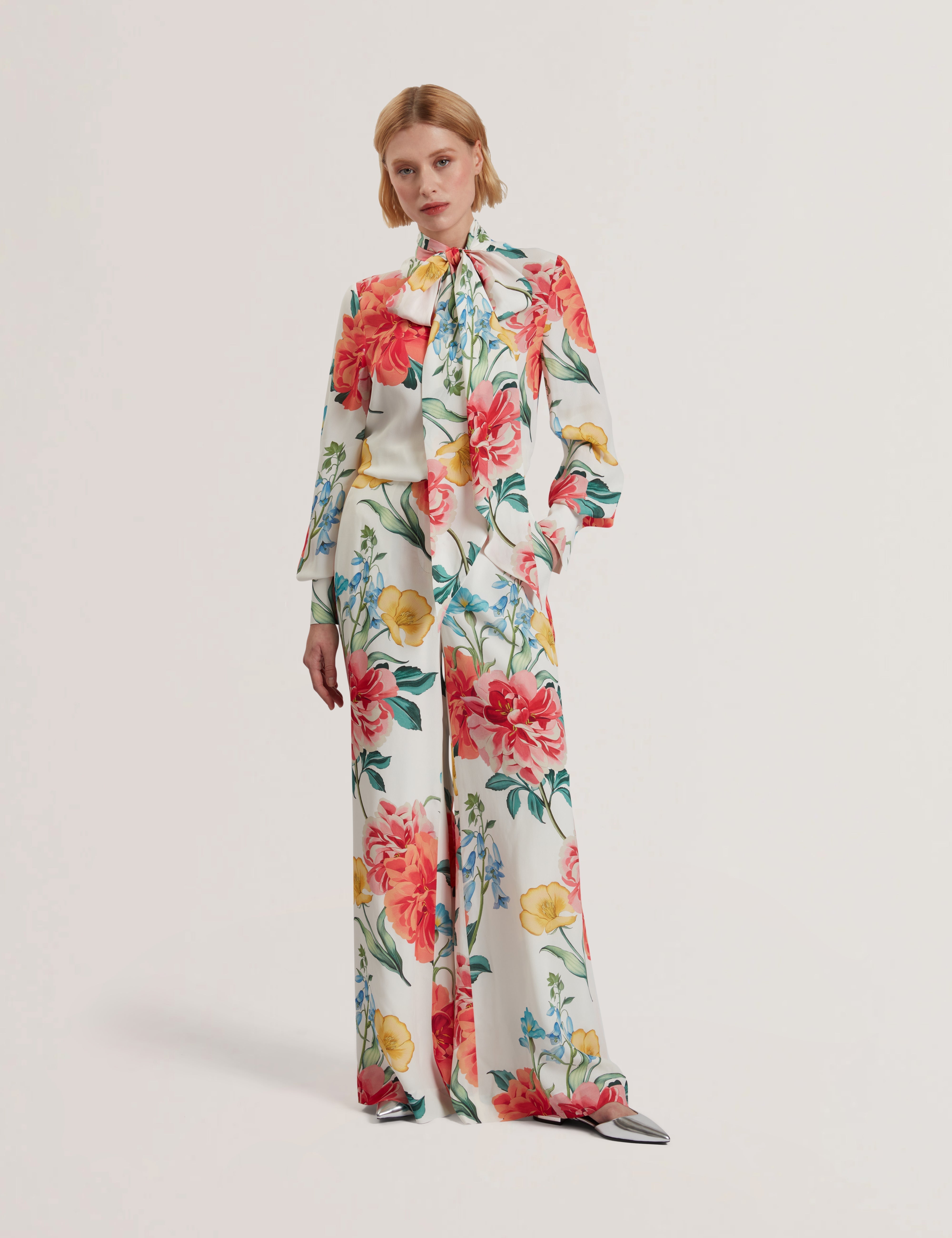 Luusile Scarf Detail Printed Long Sleeve Blouse White