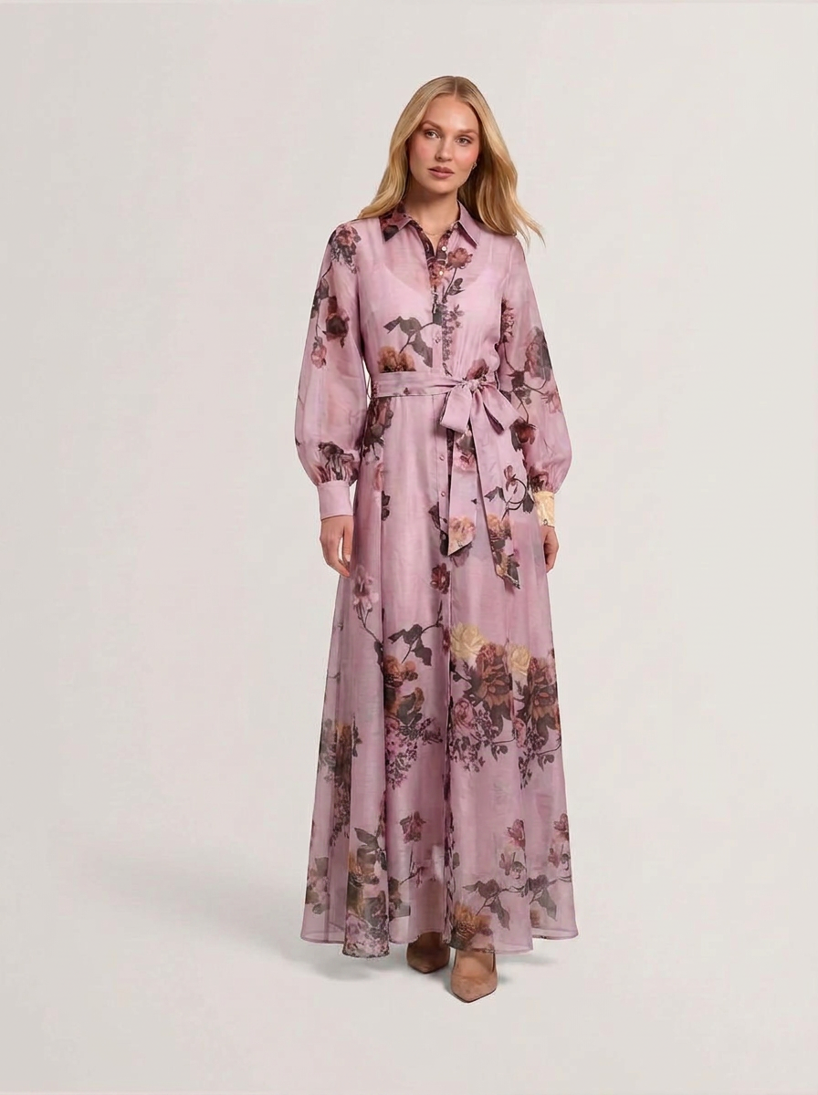 Sasska Printed Organza Maxi Shirt Dress Pl-Pink