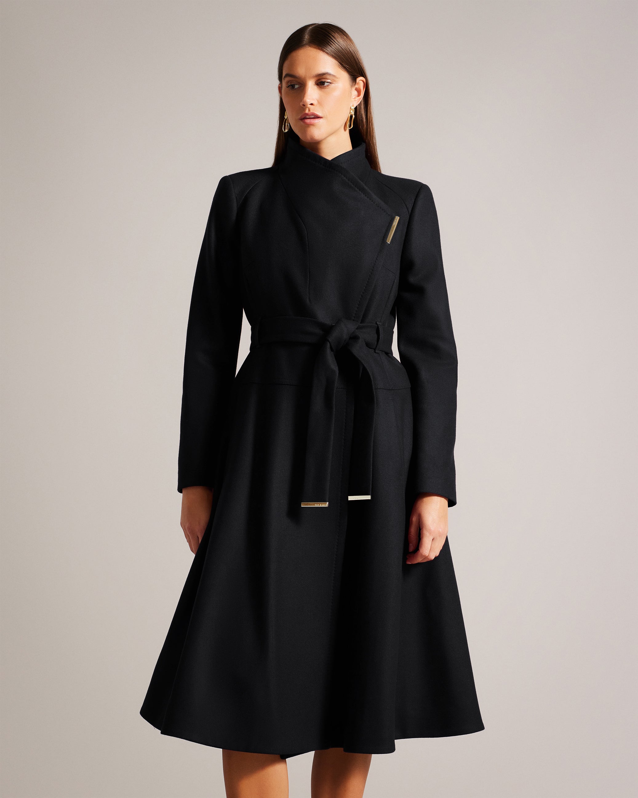 Roseika Midi Length Double Breasted Coat With Skirt Black