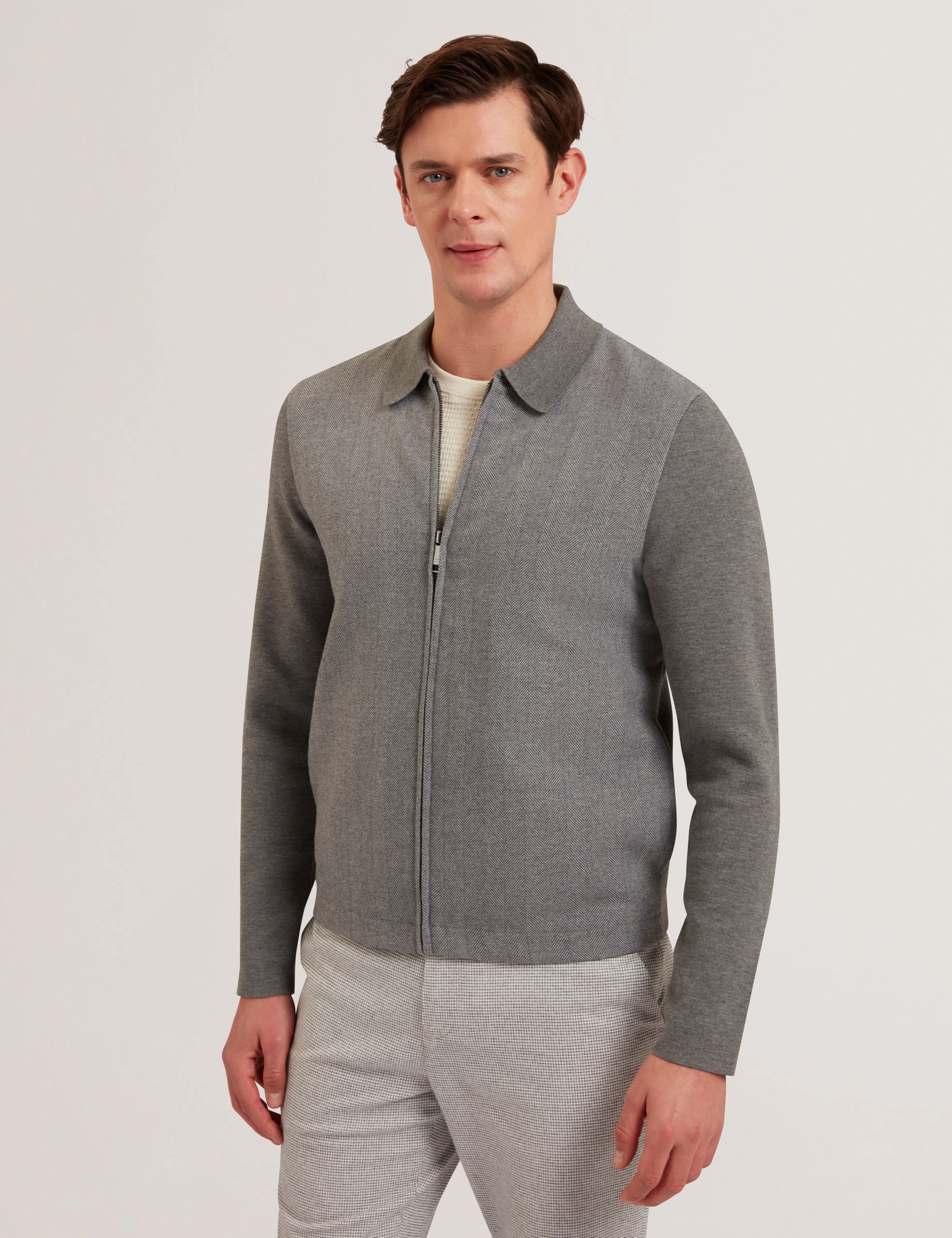 Dejo Herringbone Front Zip Through Grey