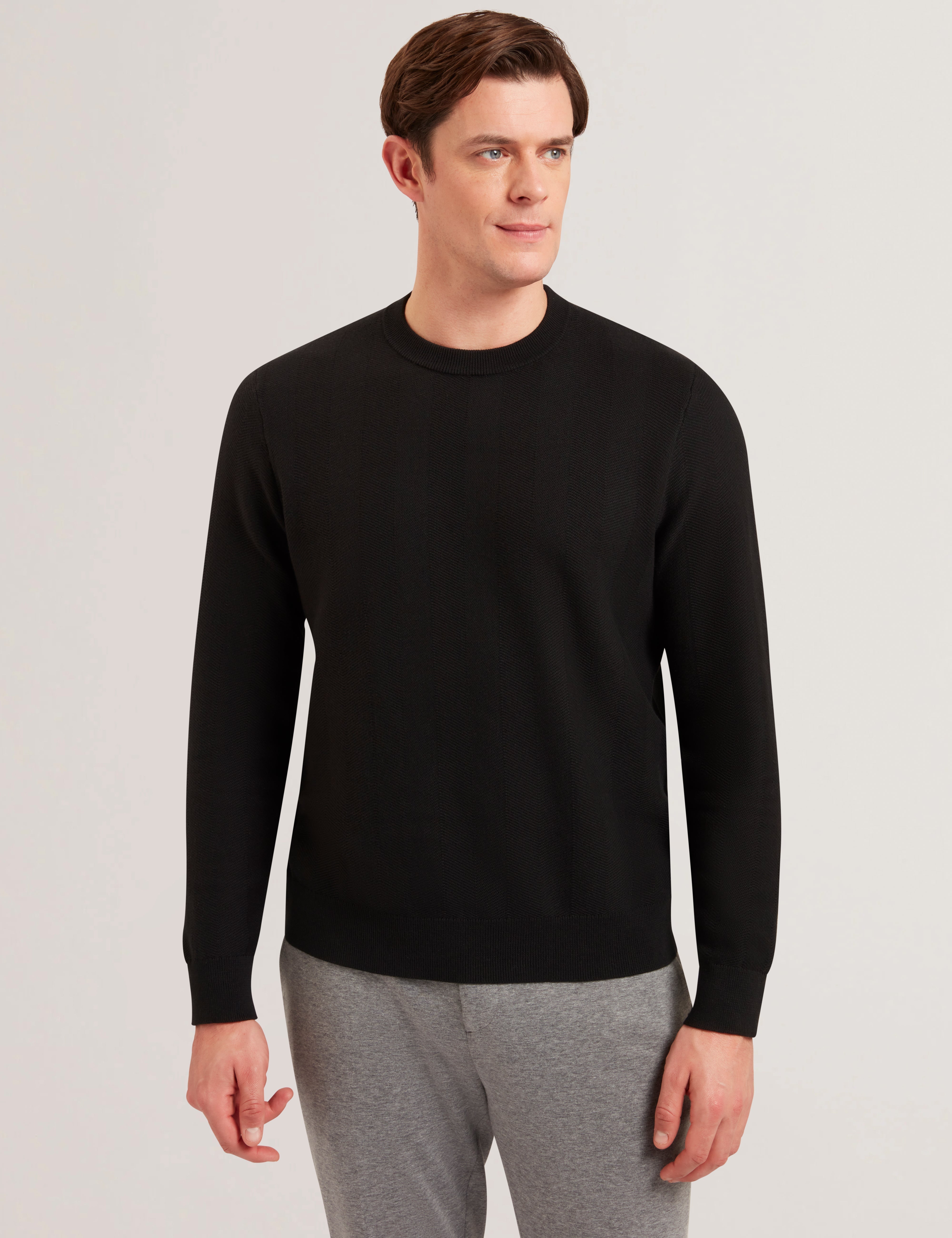 Jamals Long Sleeve Herringbone Stitch Crew Neck Black