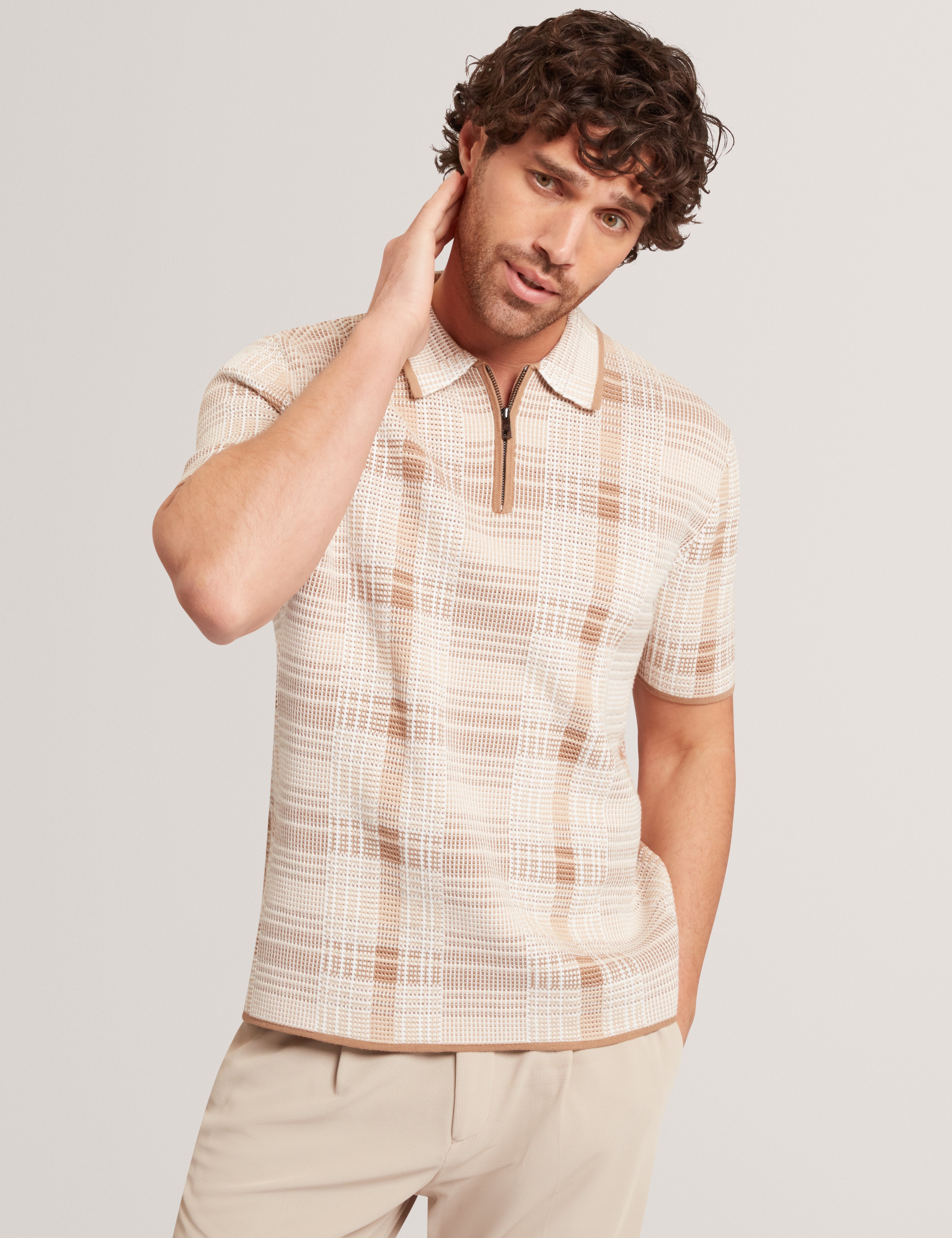 Halpirt Ss Check Stitch Zip Neck Polo Taupe