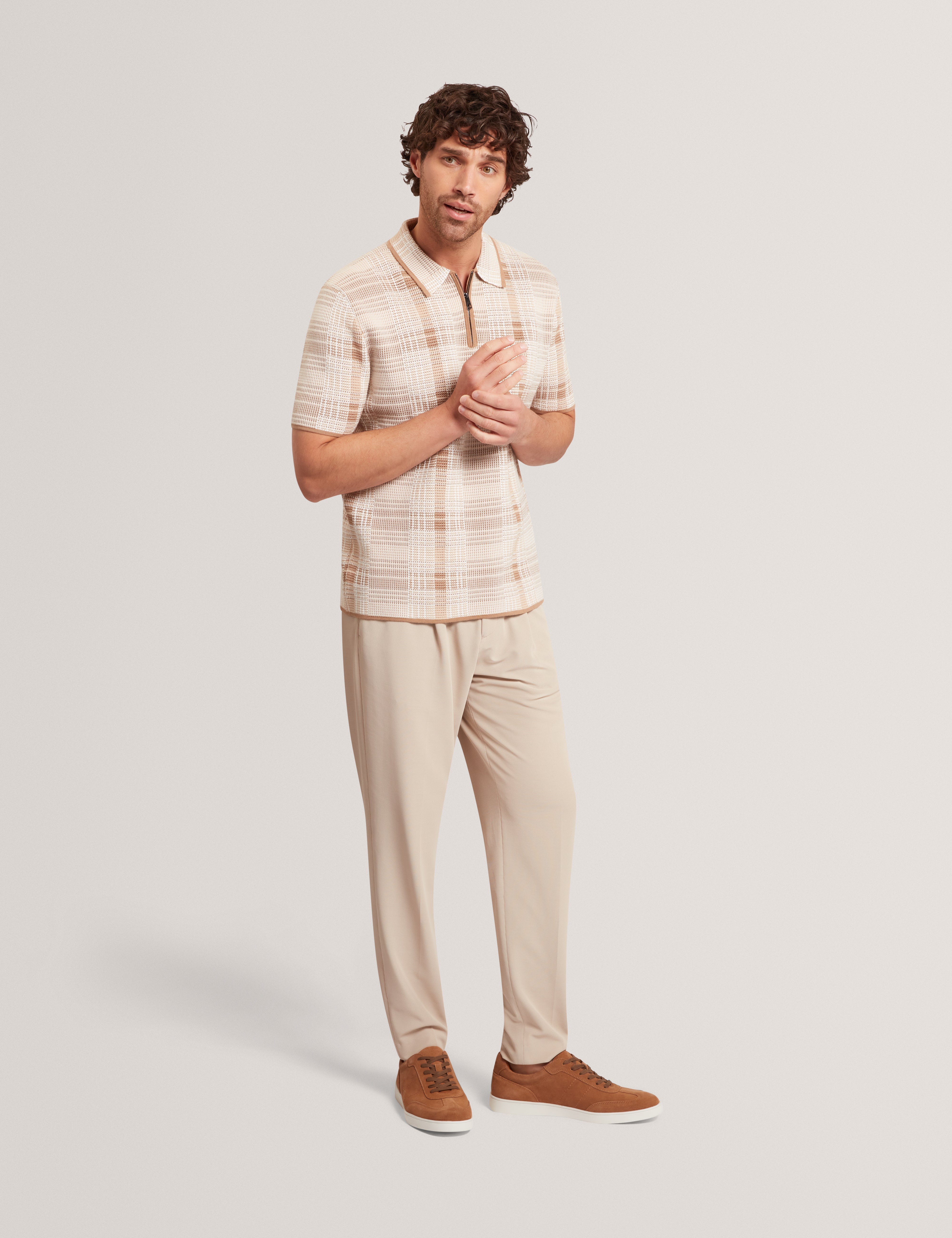 Halpirt Ss Check Stitch Zip Neck Polo Taupe