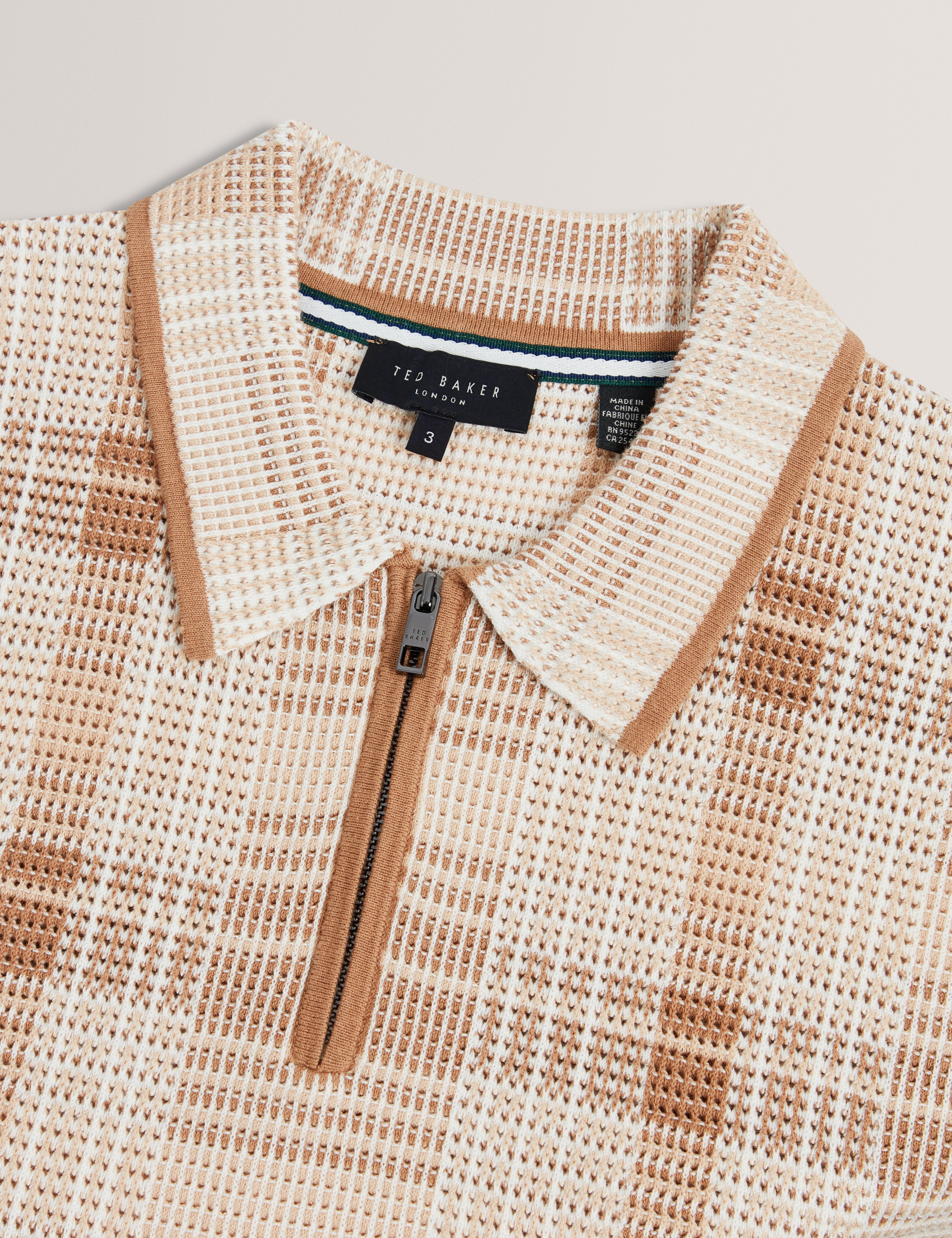 Halpirt Ss Check Stitch Zip Neck Polo Taupe