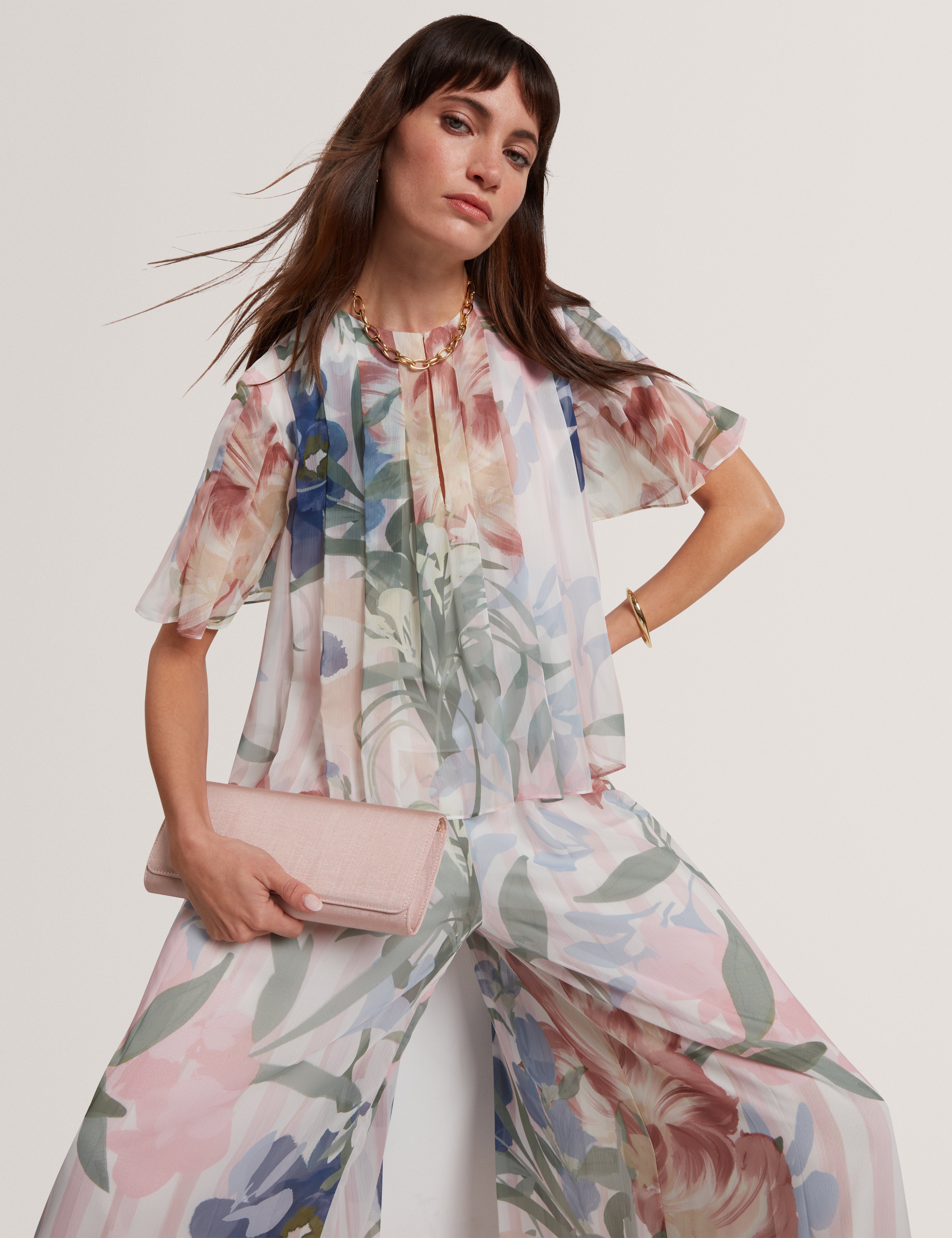 بنطلون هورتا مطبوع واسع الساقين بكسرات، لون وردي