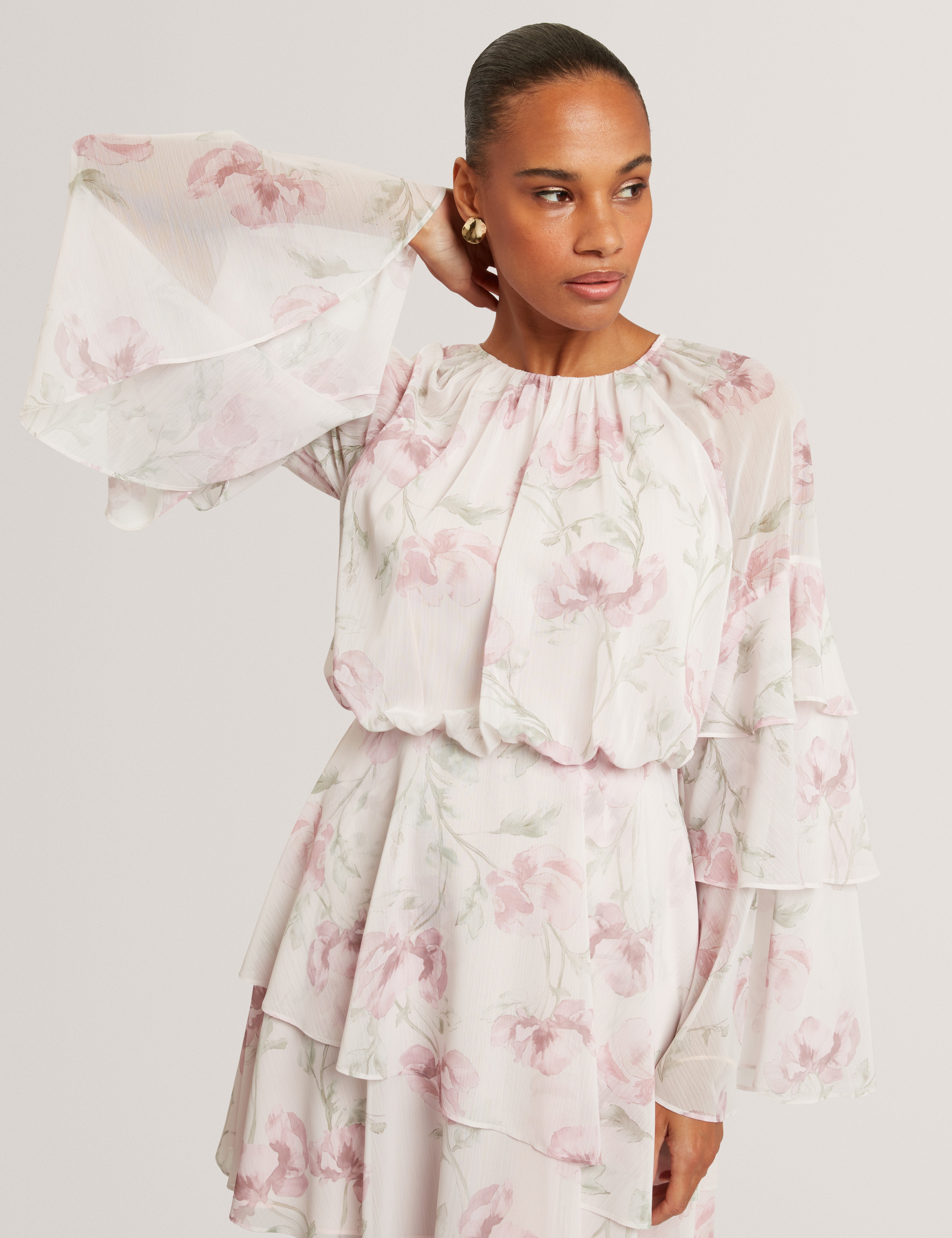 Mahliia Floral Print Tiered Mini Dress Pl-Pink