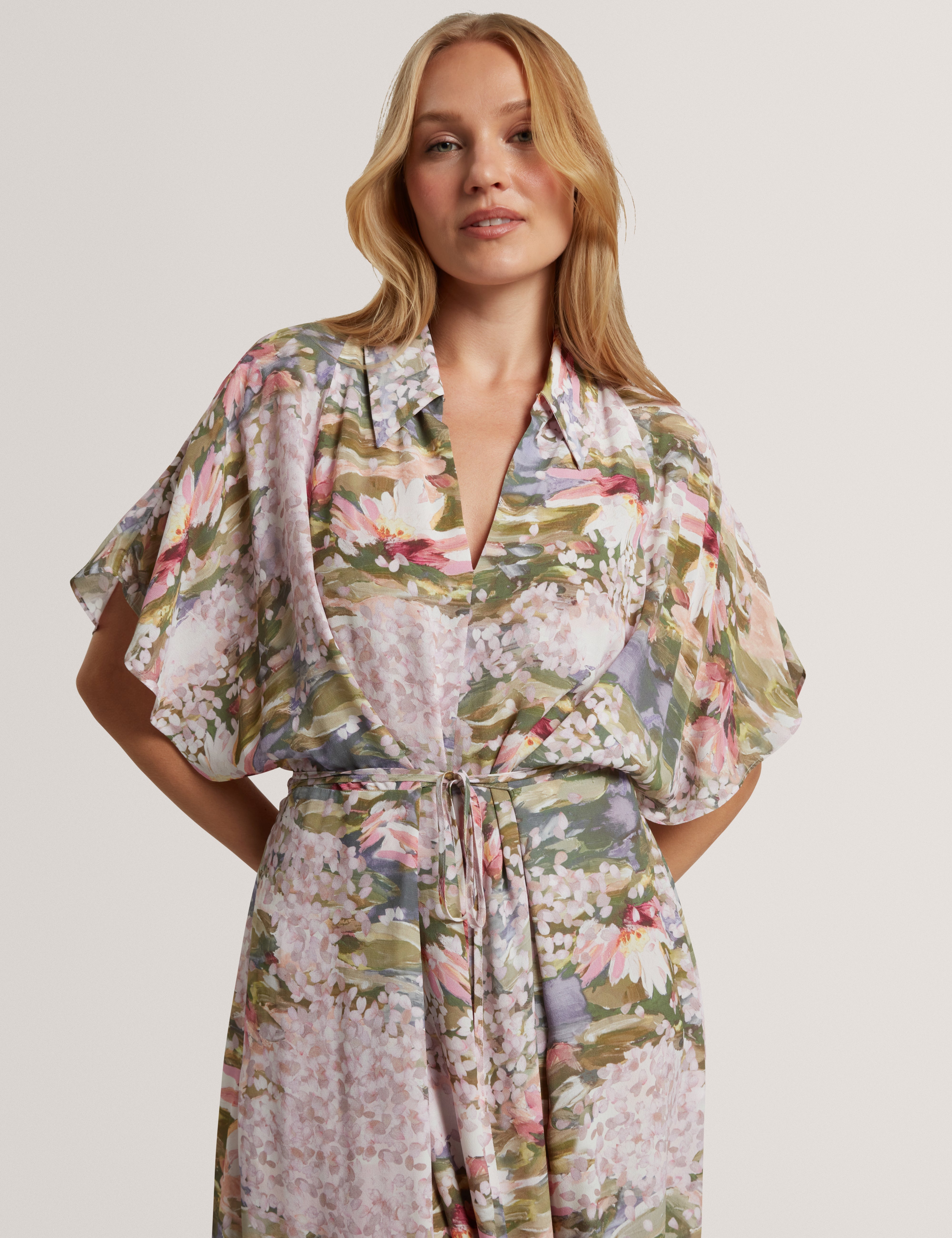 Zarlah Printed Tie Detail Midi Shirt Dress Pink