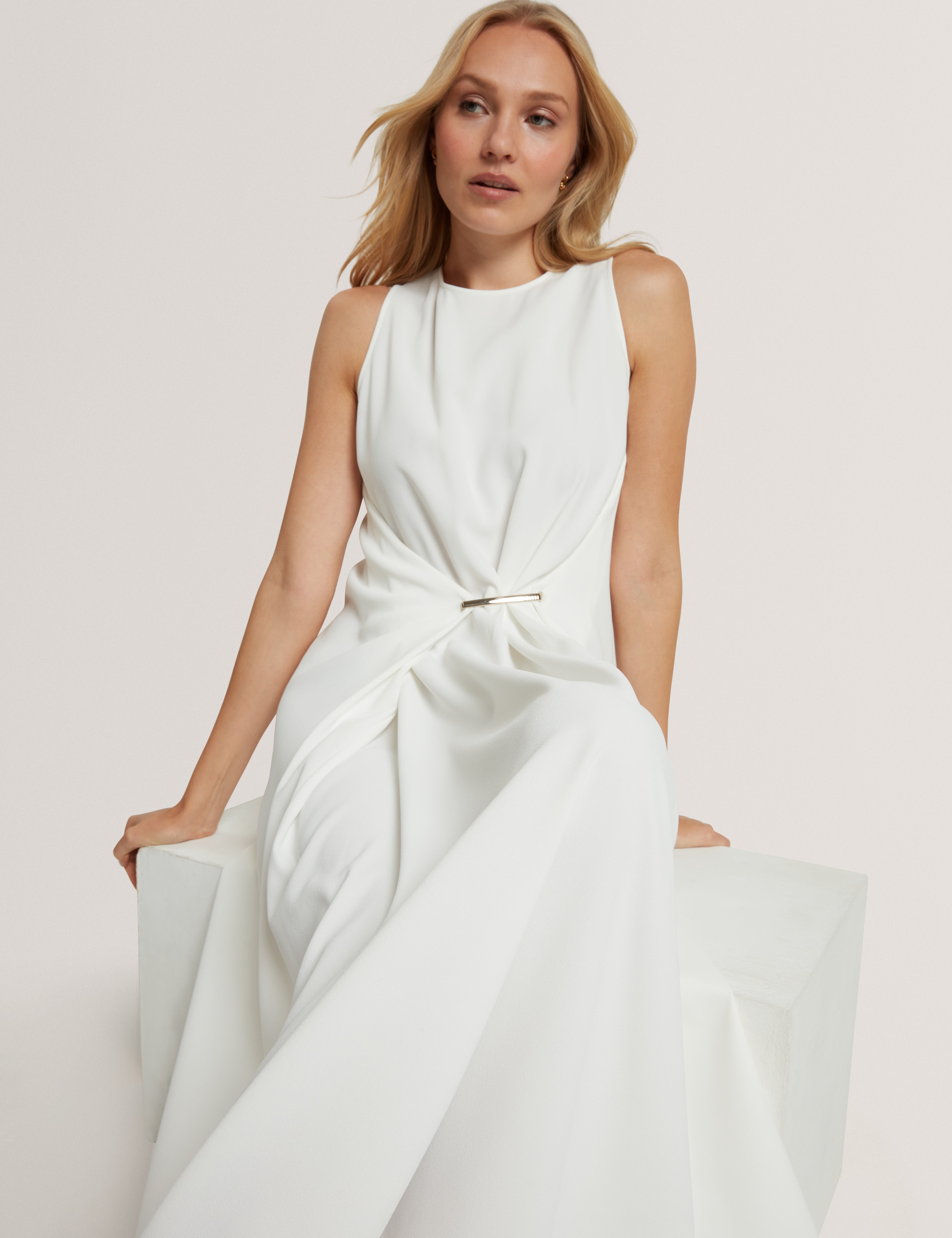Miyaka Midi Dress With Bar Detail Ivory