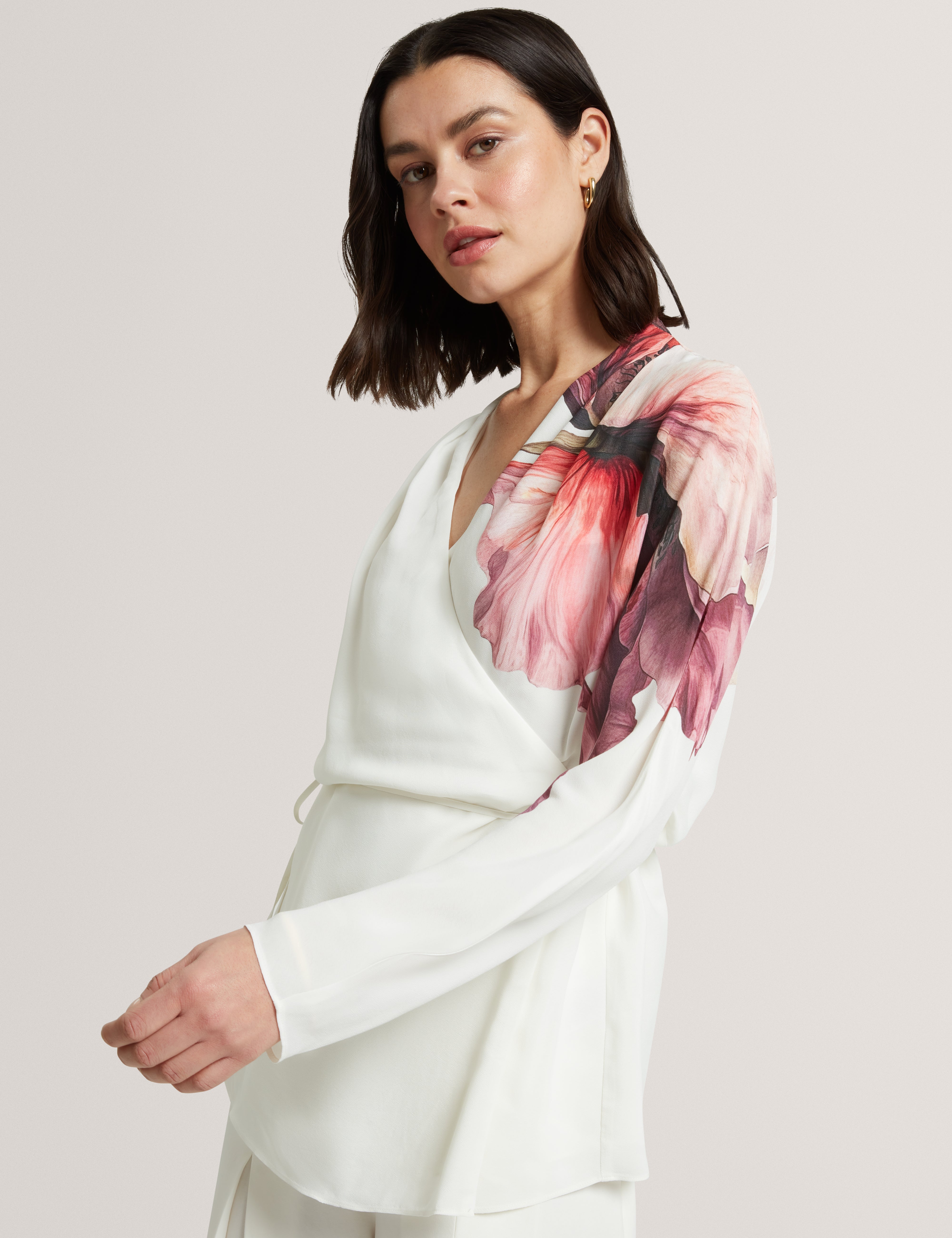 Joleene Printed Wrap Tie Detail Long Sleeve Blouse Ivory