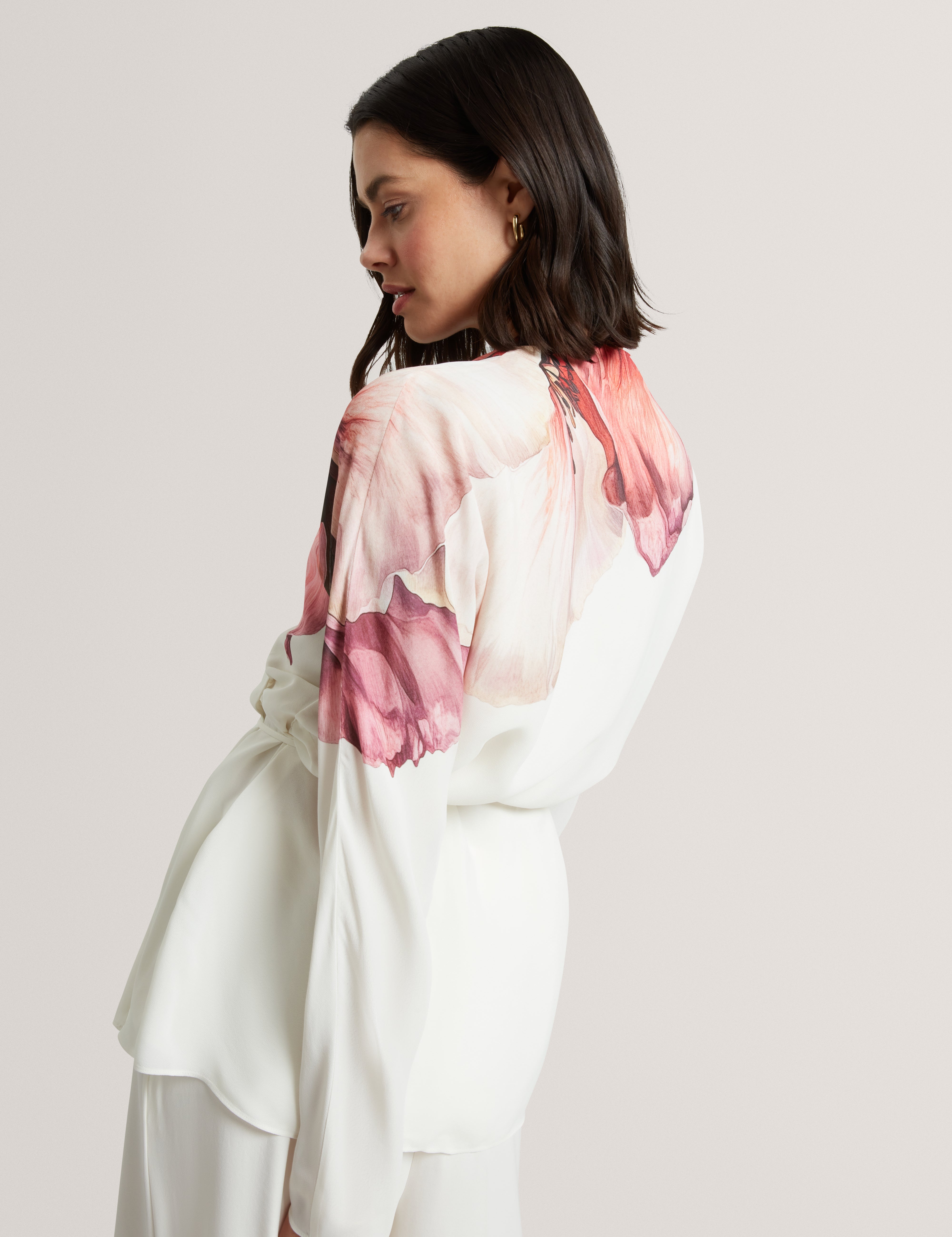 Joleene Printed Wrap Tie Detail Long Sleeve Blouse Ivory