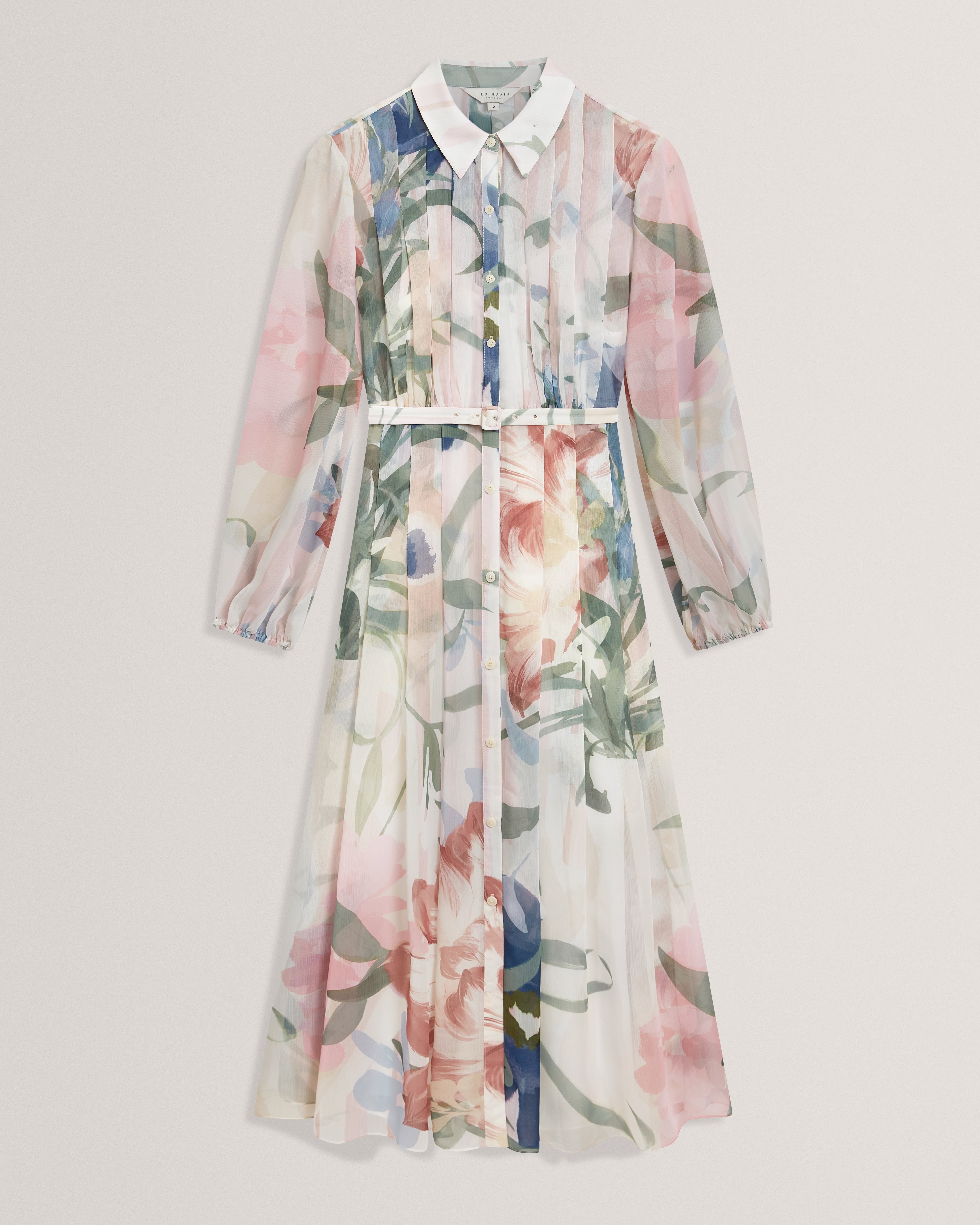 فستان قميص مطبوع متوسط ​​الطول مطوي من أرنيا، وردي