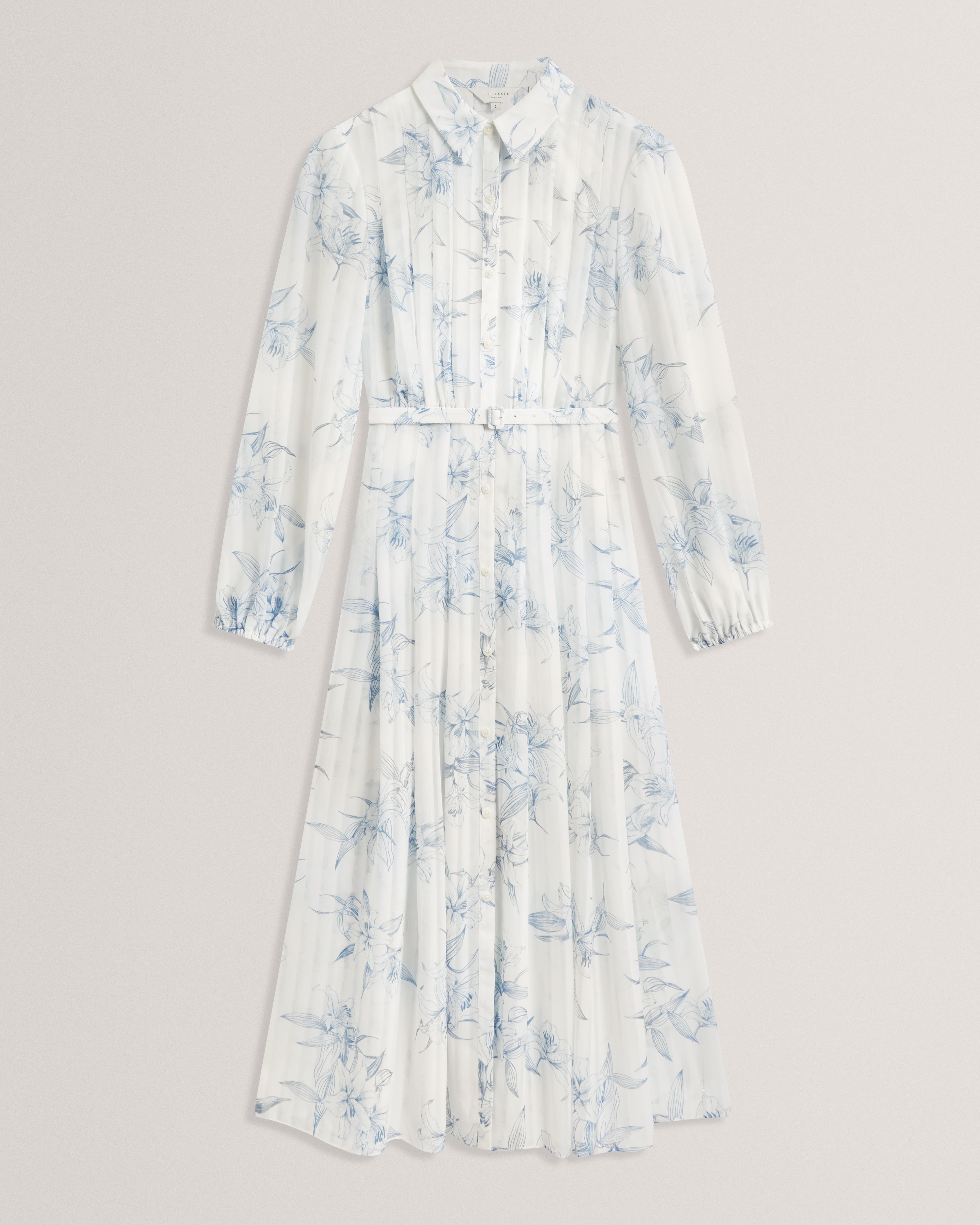 فستان قميص أبيض مطبوع بكسرات متوسطة الطول من بيرنيا