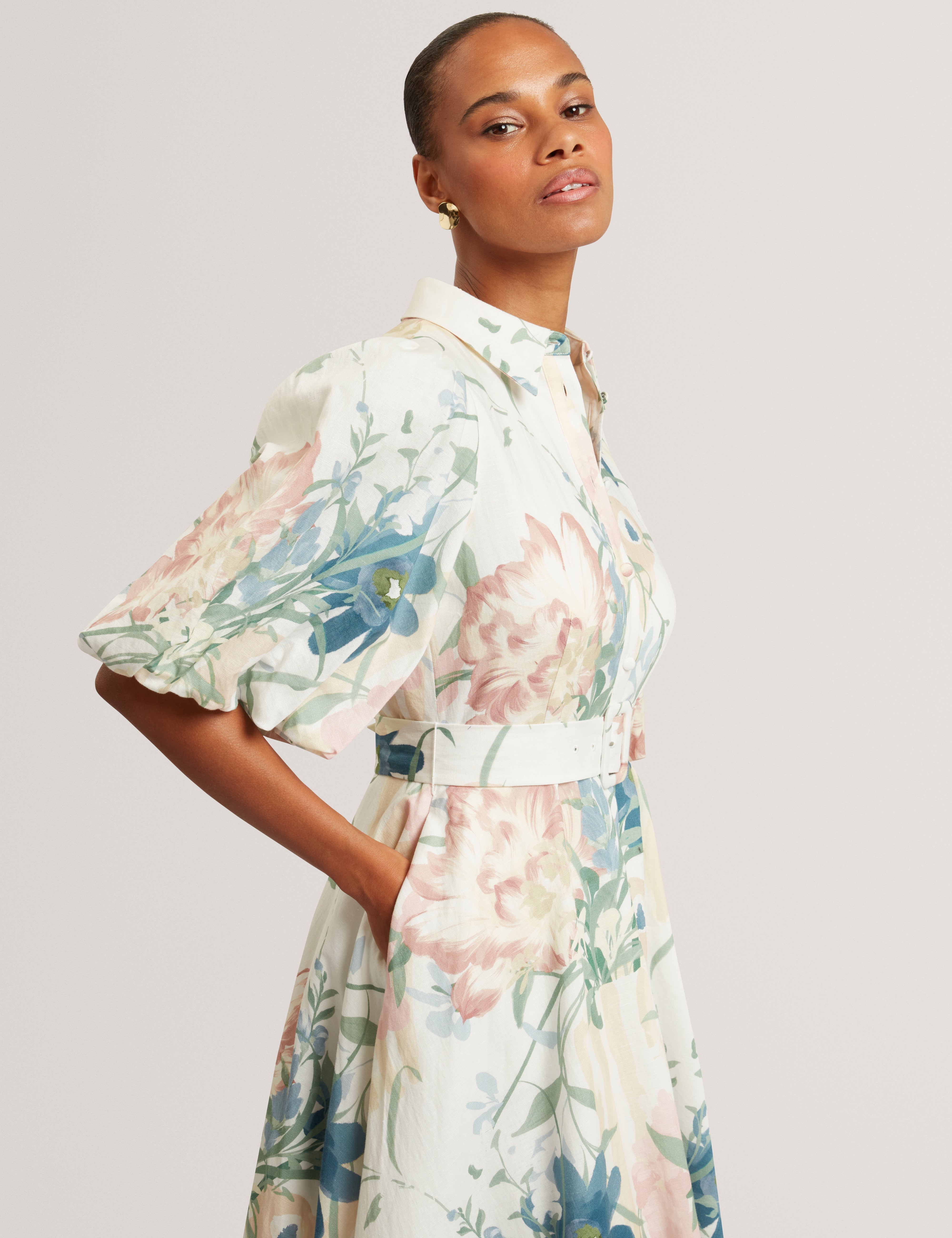 Breei Puff Sleeve Printed Midi Shirt Dress Ivory