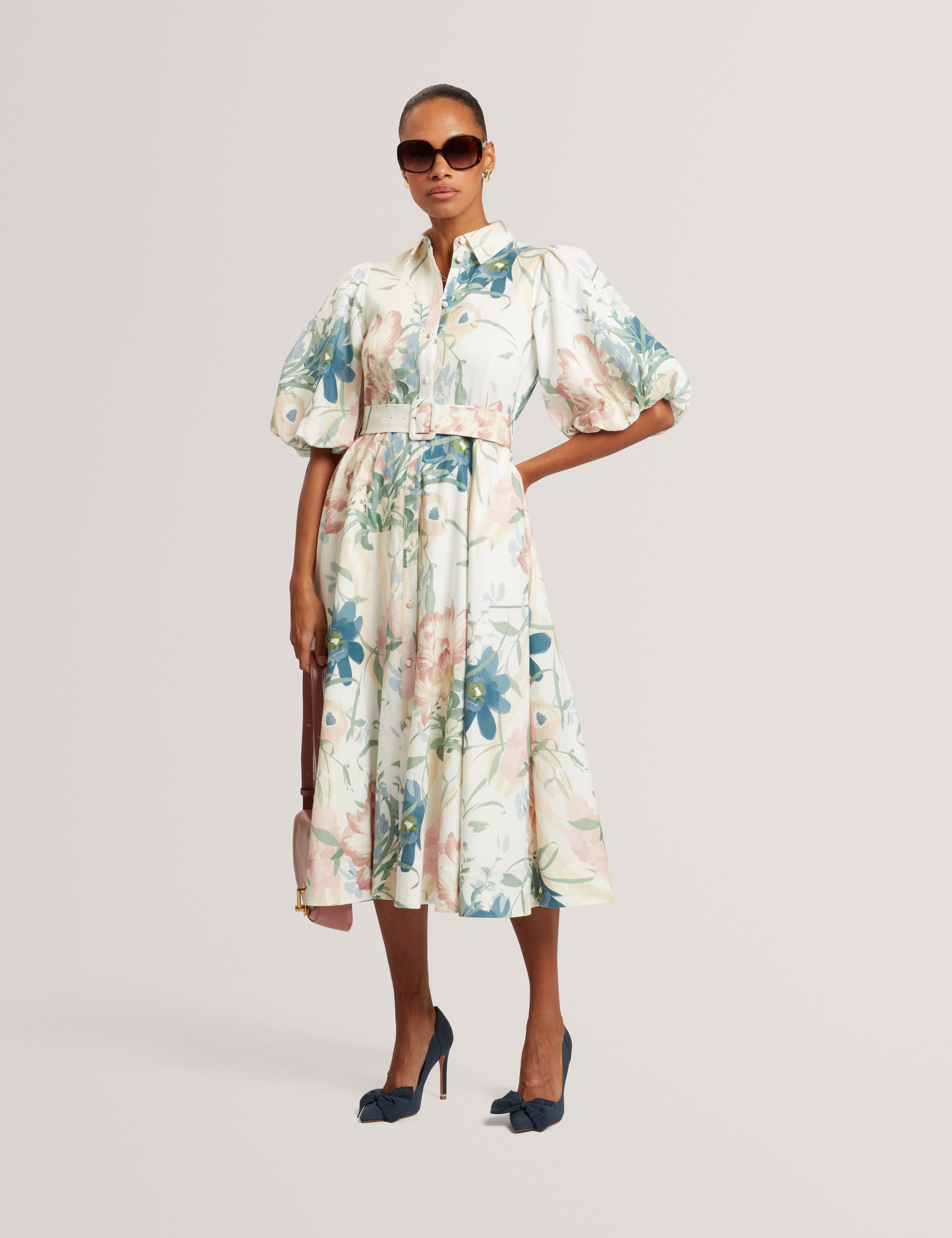 Breei Puff Sleeve Printed Midi Shirt Dress Ivory