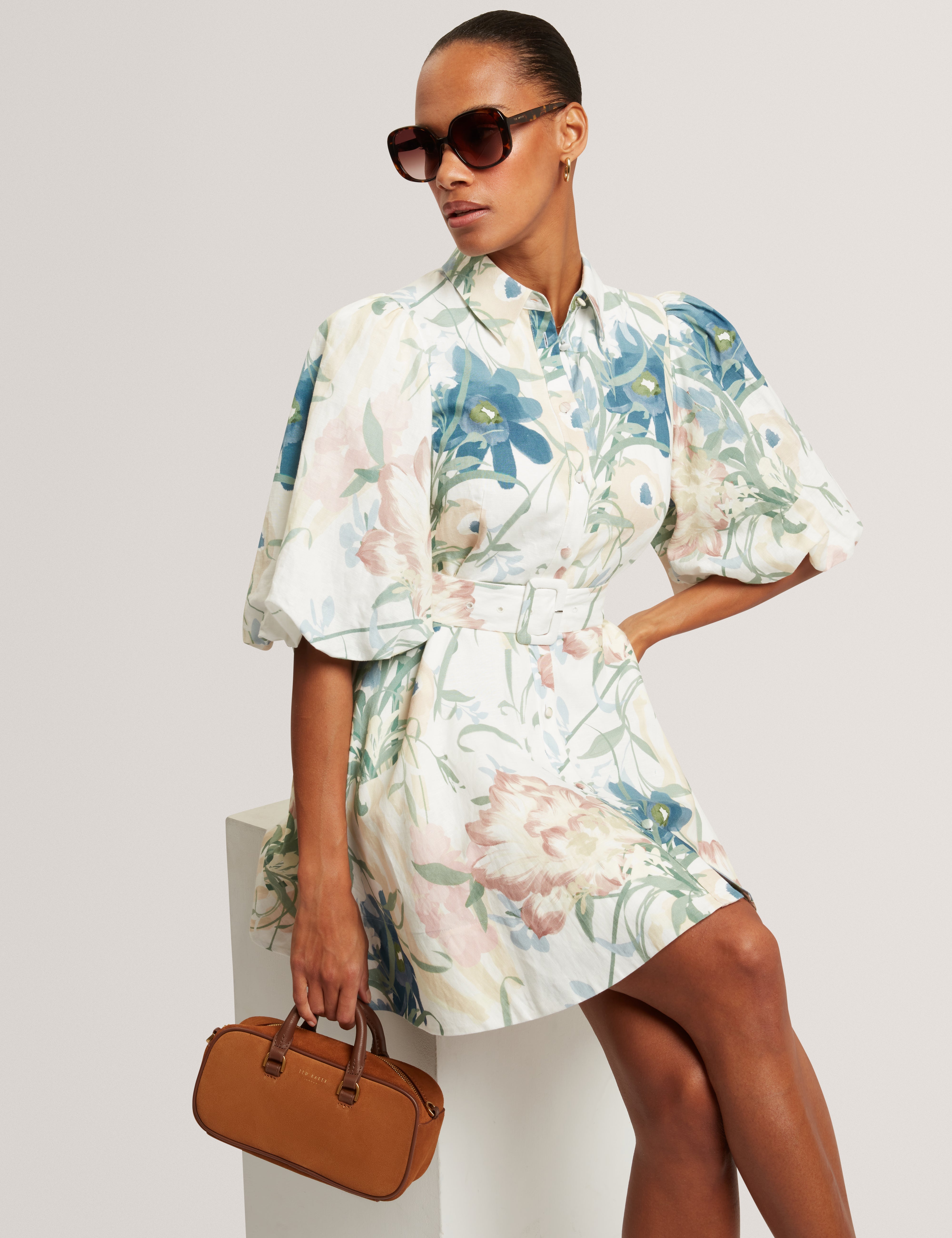 Olliiv Puff Sleeve Printed Mini Shirt Dress Ivory