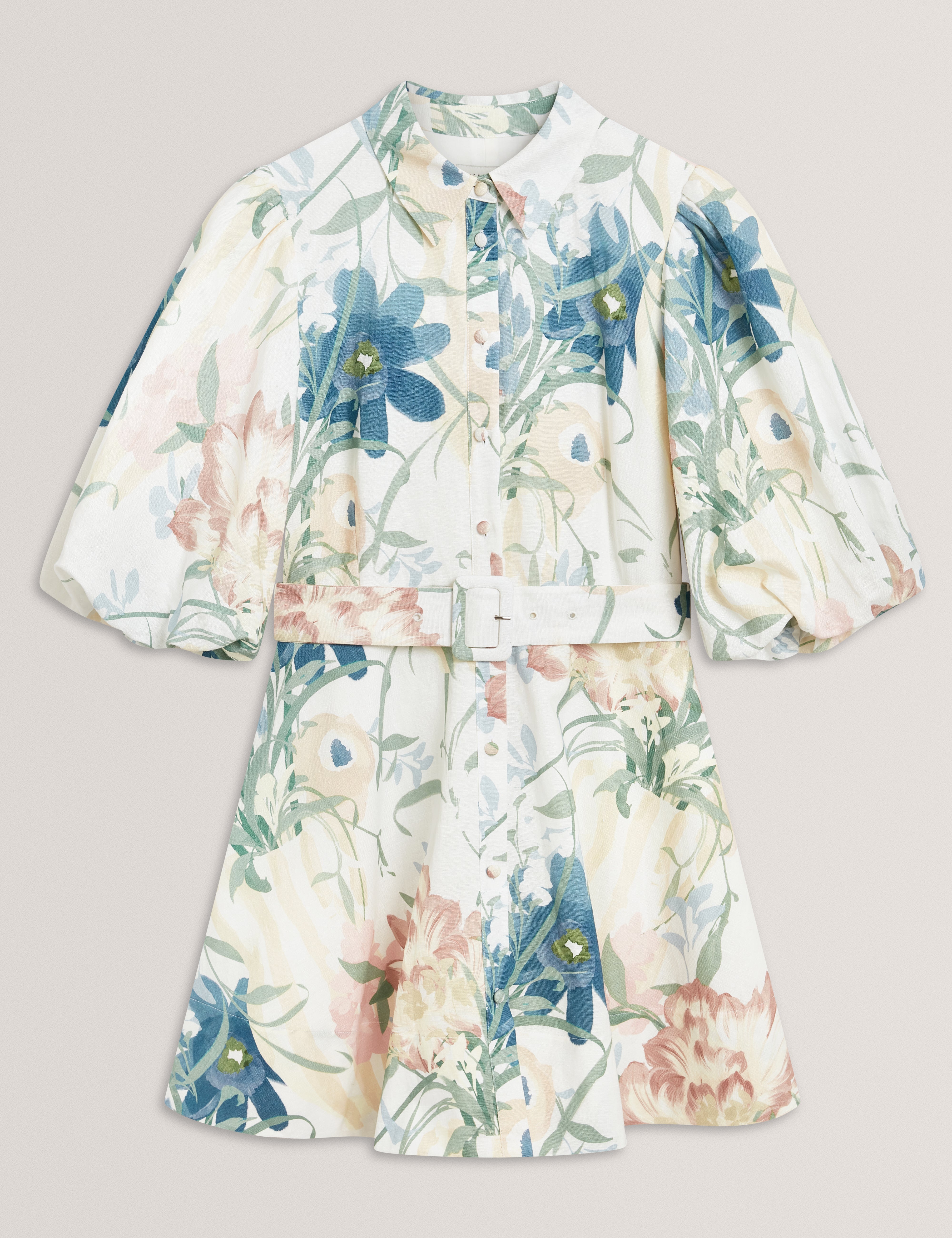 Olliiv Puff Sleeve Printed Mini Shirt Dress Ivory
