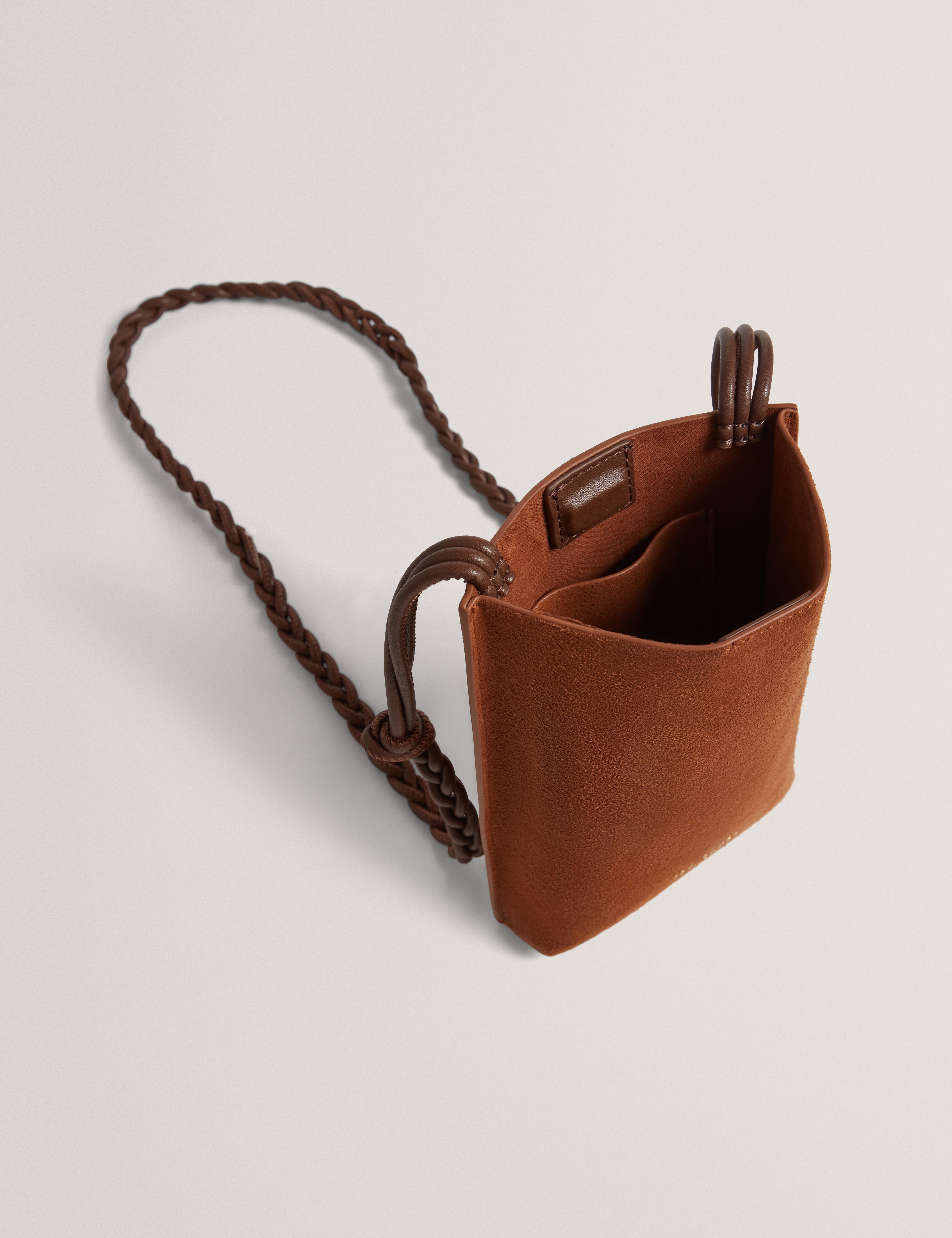 Senya Weave Strap Suede Mini Crossbody Pouch Bag Tan
