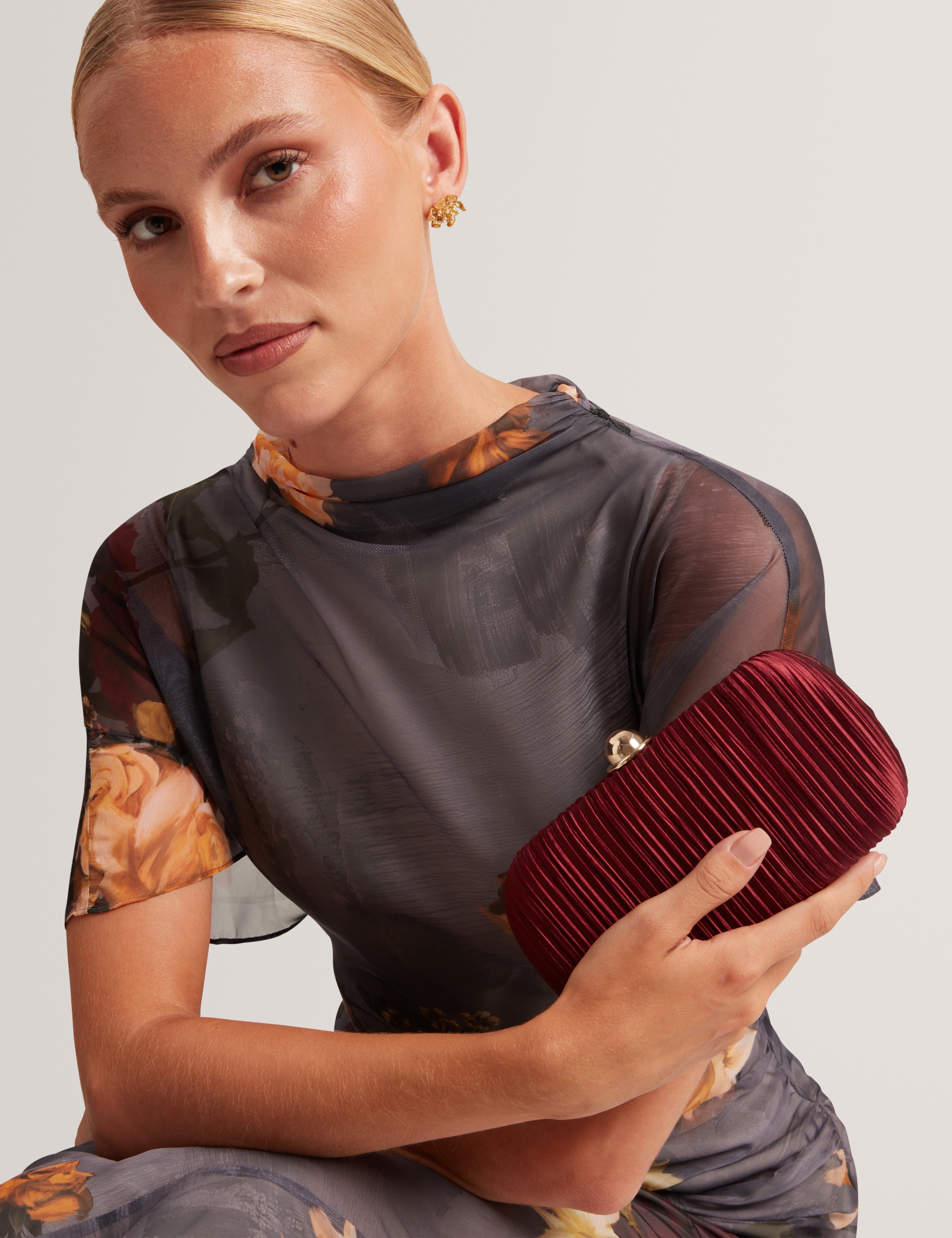 Plisse Pleated Satin Hard Clutch Dk-Red
