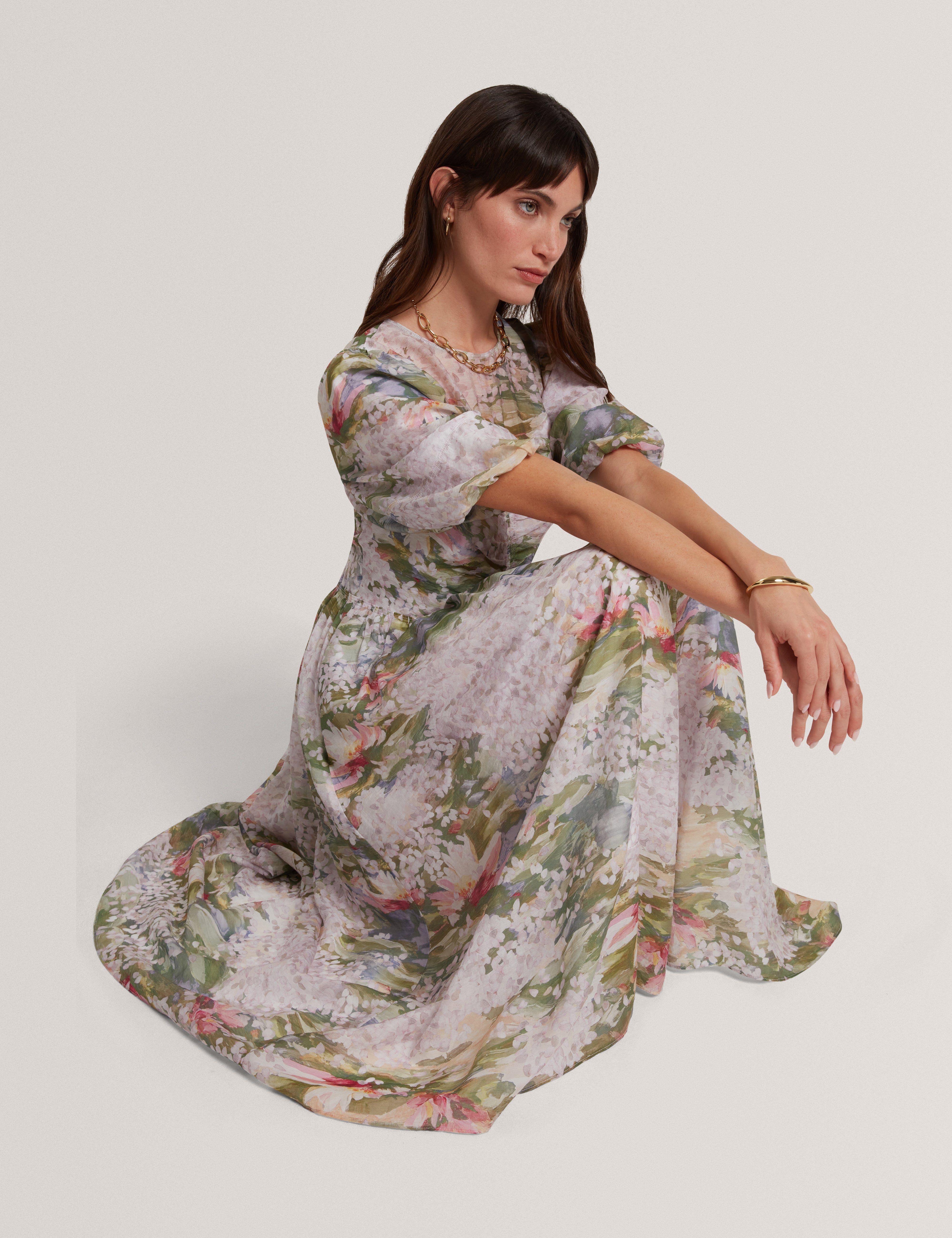 Jonora Puff Sleeveâ Printed Midi Dress Pink