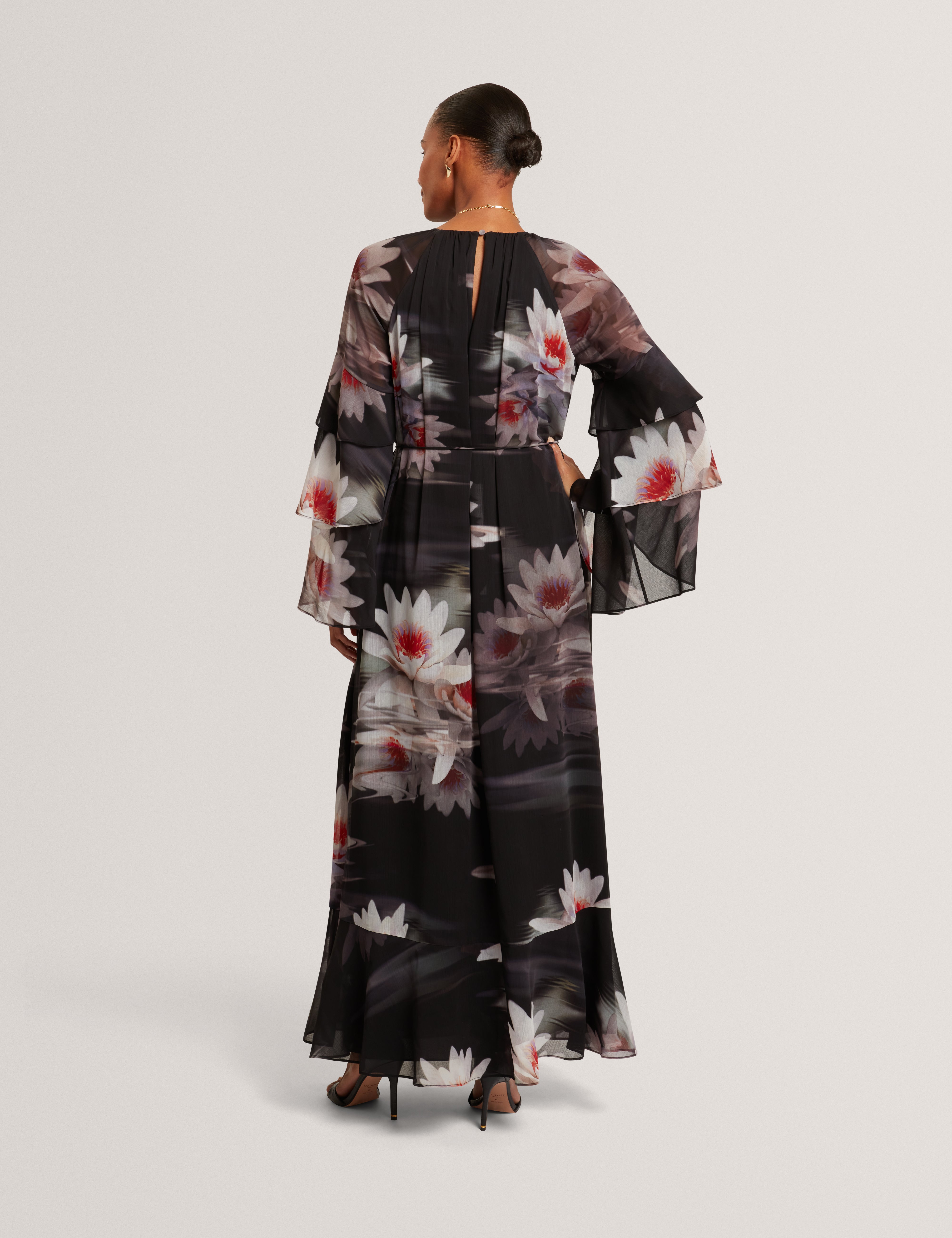 Moliia Ruffled Long Sleeve Printed Maxi Dress Black