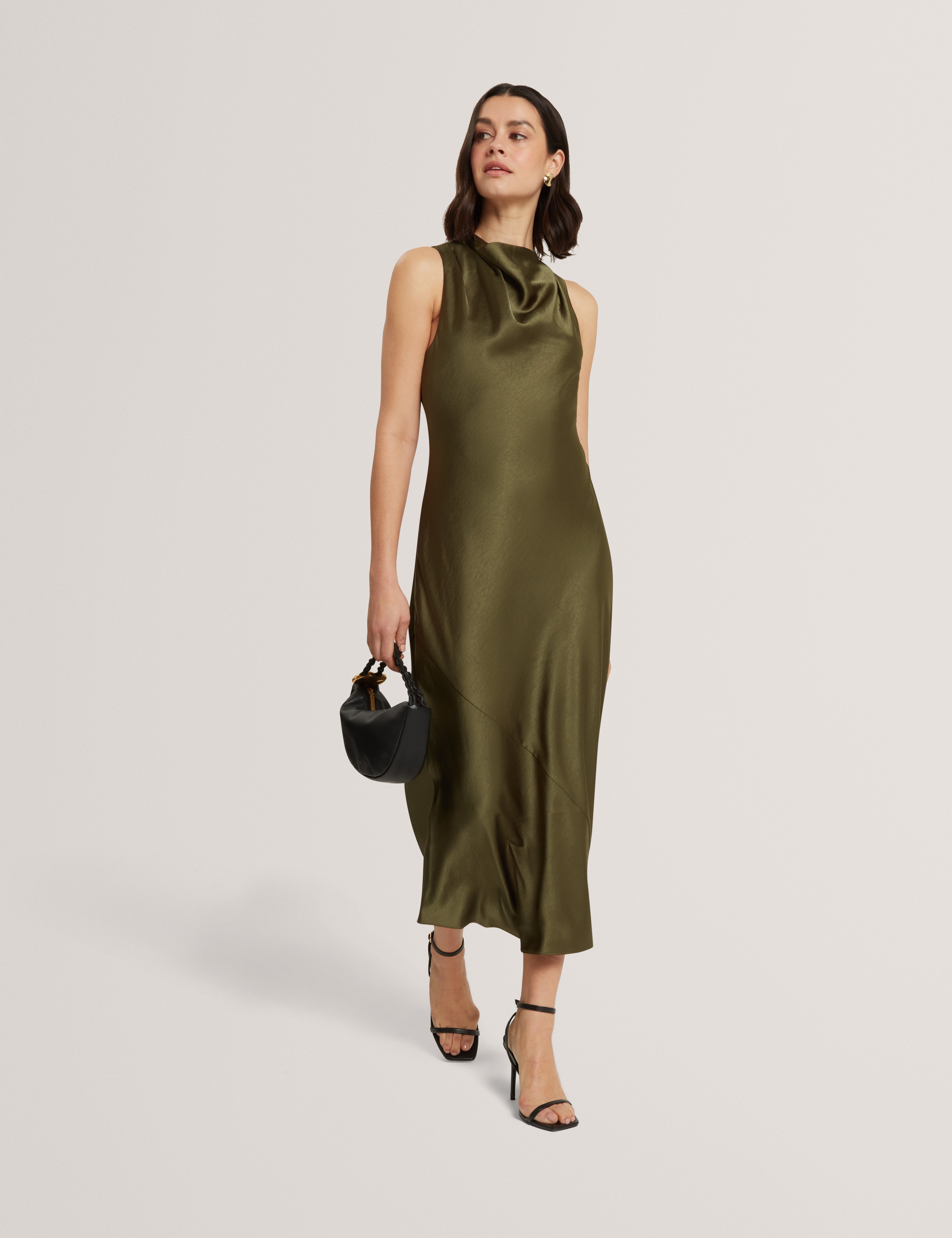 Liimaa Drape Neck Midi Dress Khaki