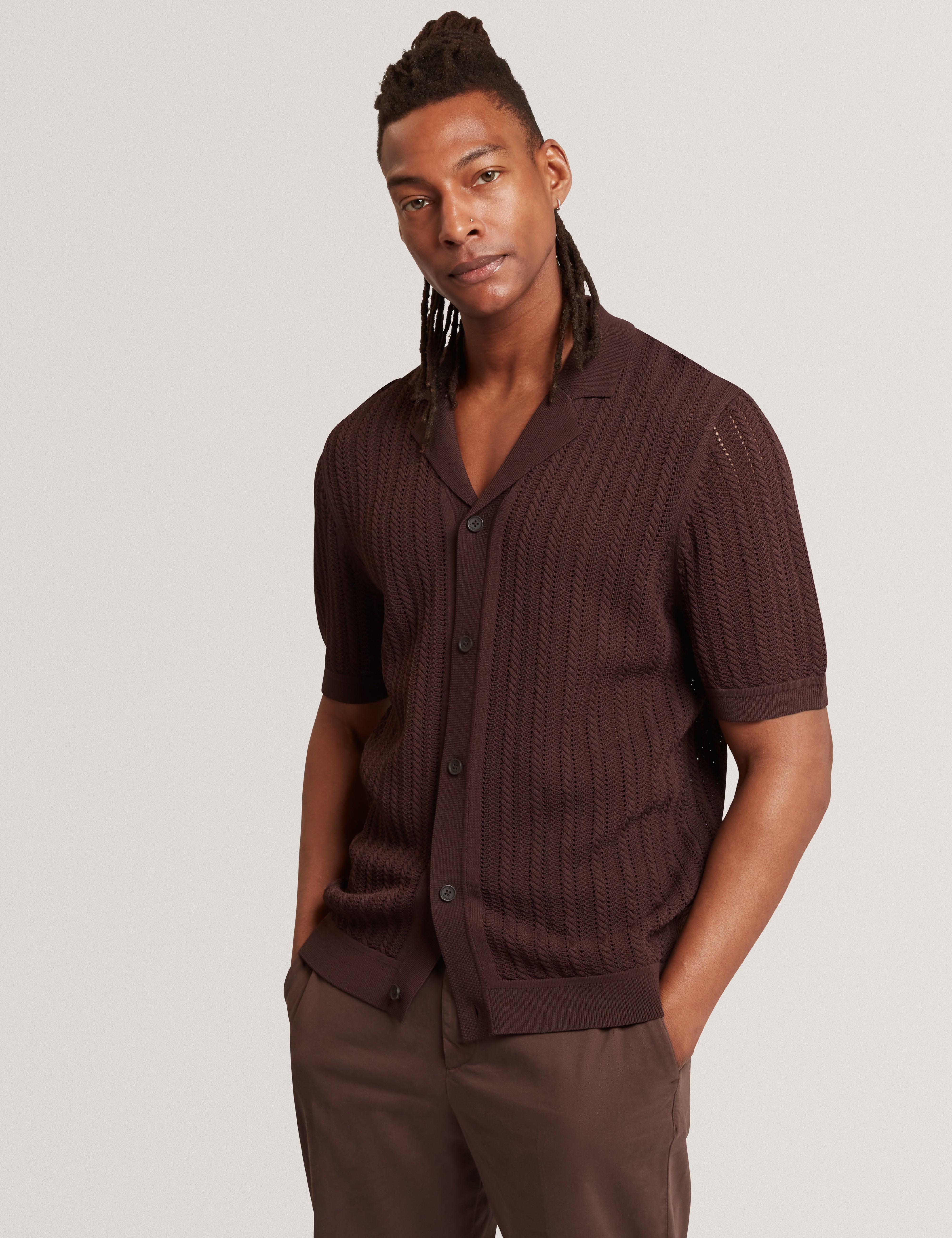 Lound Ss Stitch Interest Button Through Polo Brown