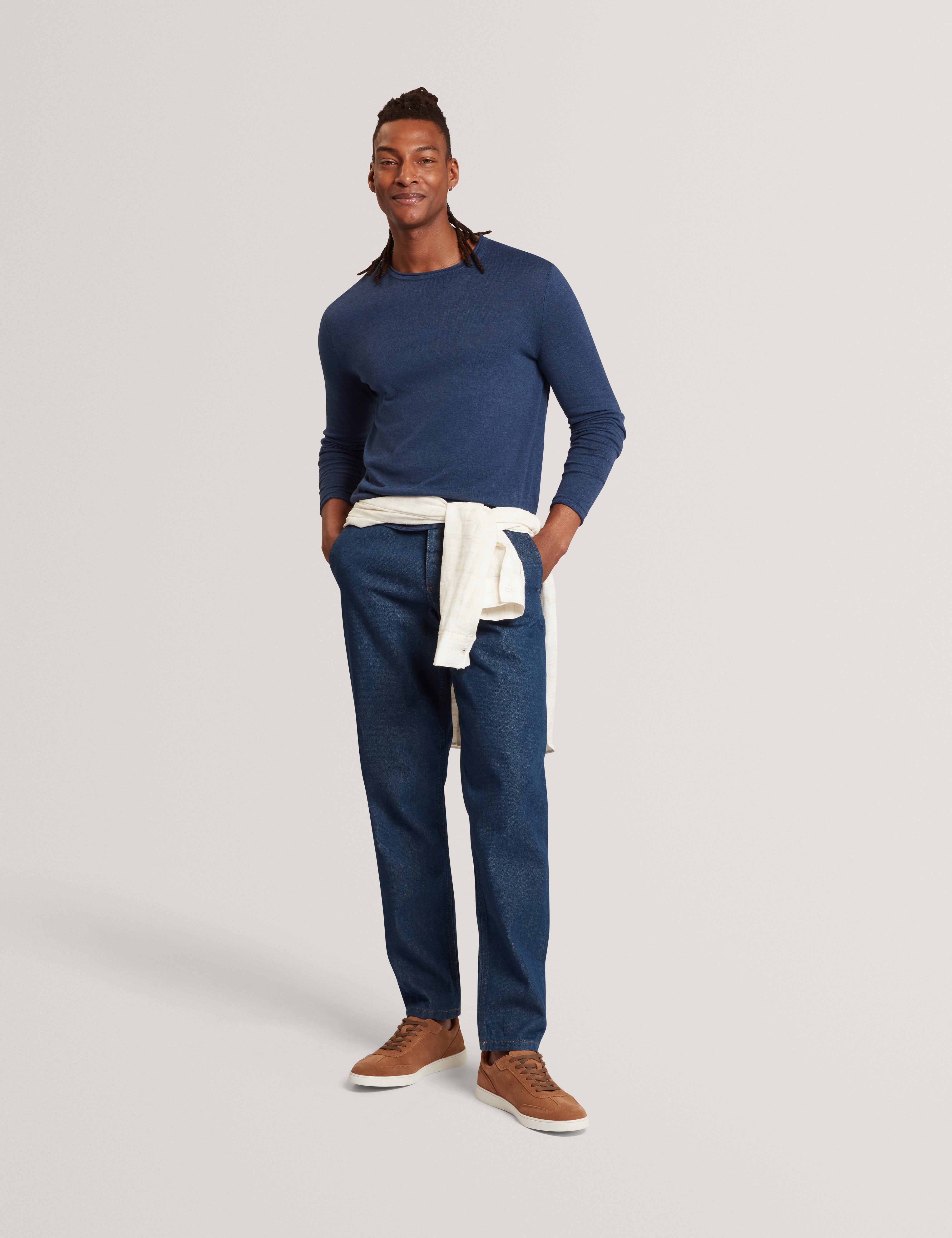 Yaen Long Sleeve Linen Blend Roll Edge Crew Mid-Navy