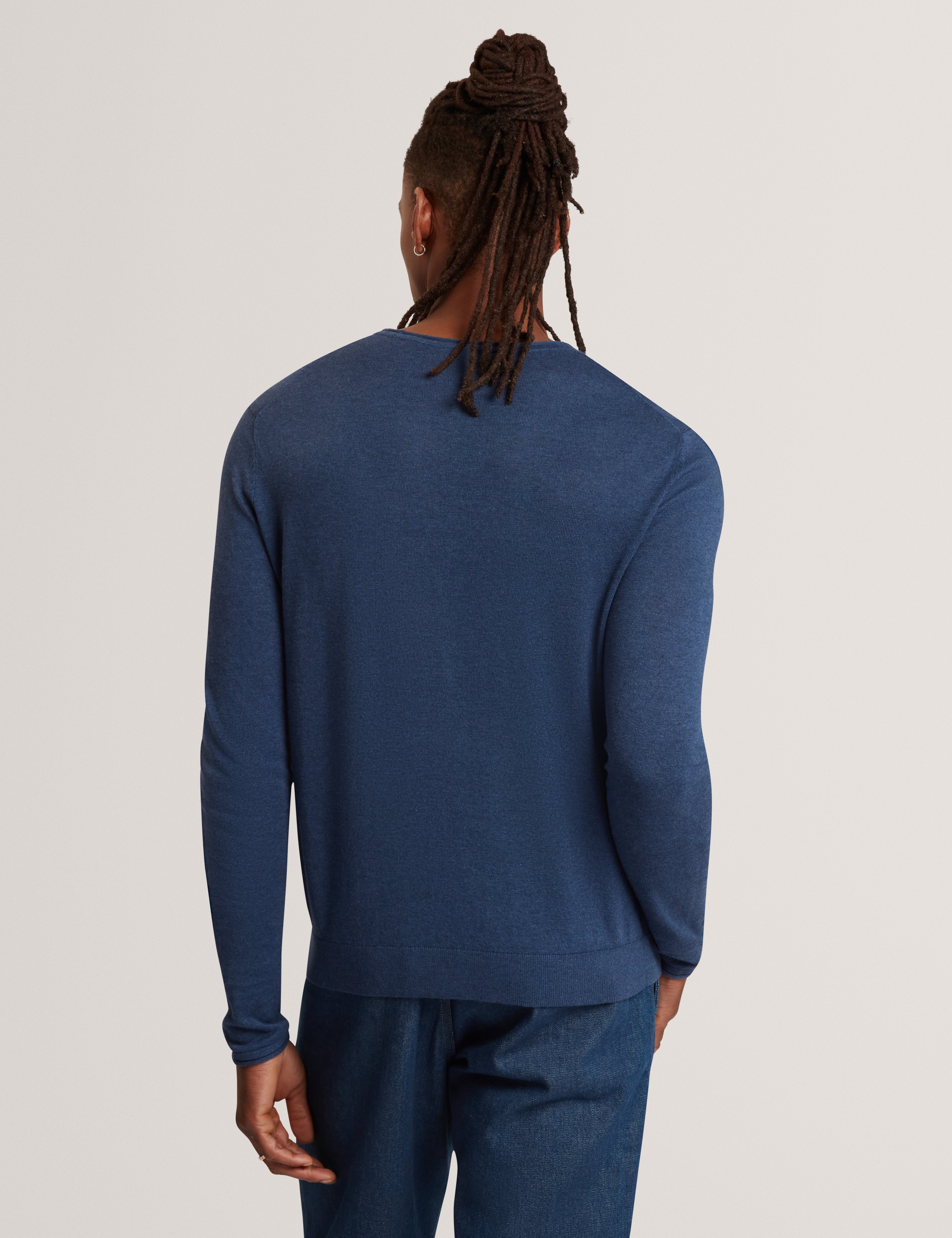 Yaen Long Sleeve Linen Blend Roll Edge Crew Mid-Navy