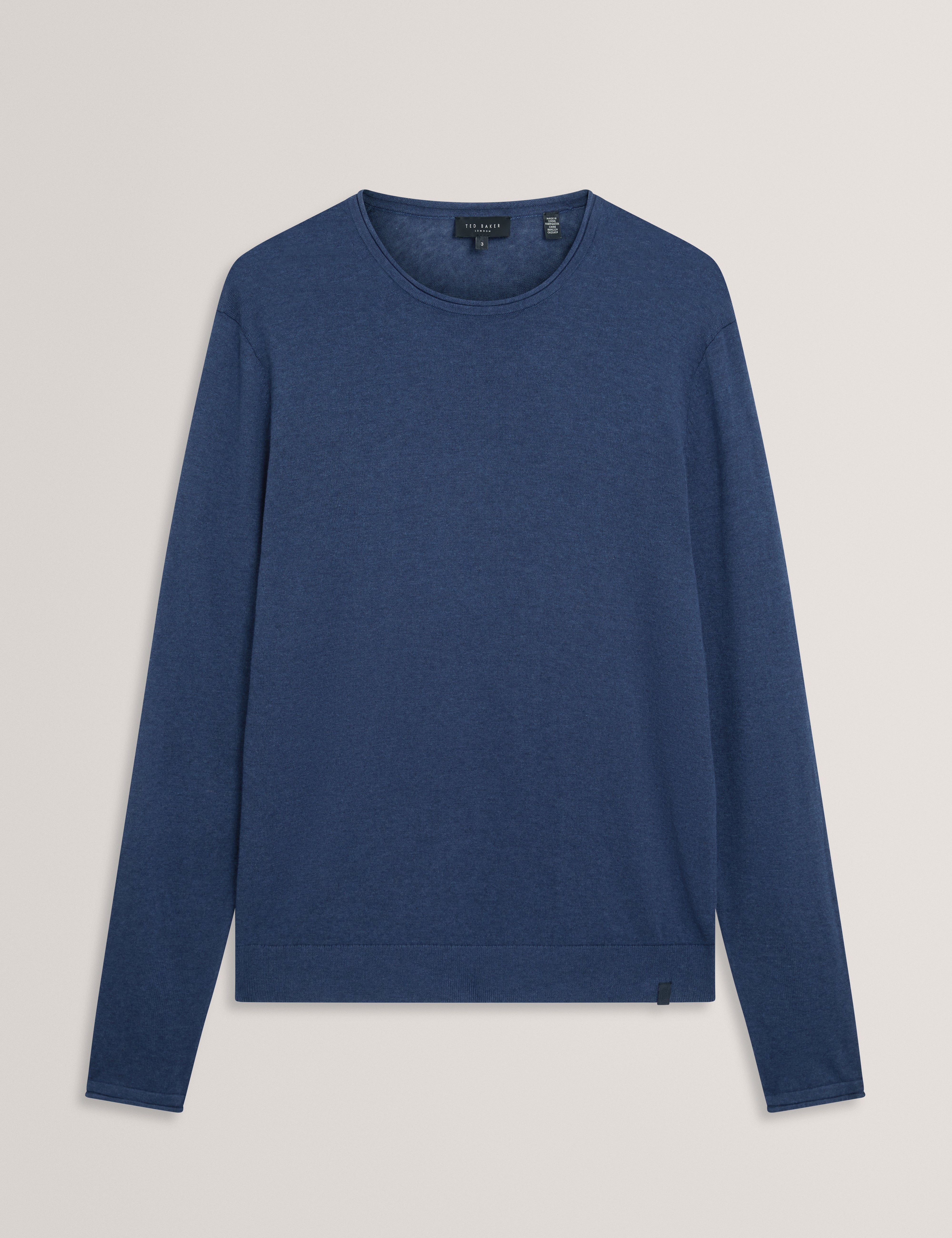 Yaen Long Sleeve Linen Blend Roll Edge Crew Mid-Navy