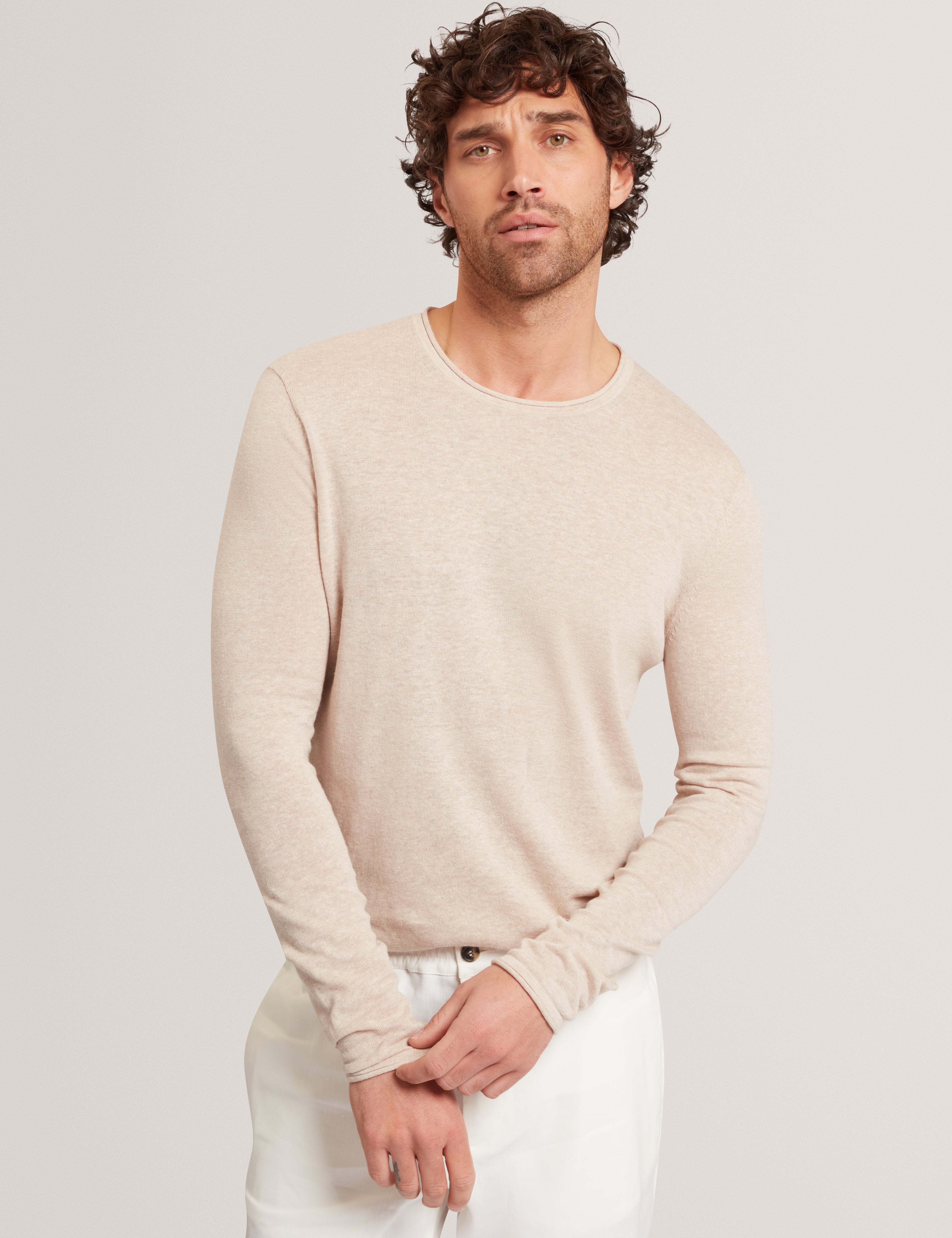 Yaen Long Sleeve Linen Blend Roll Edge Crew Taupe