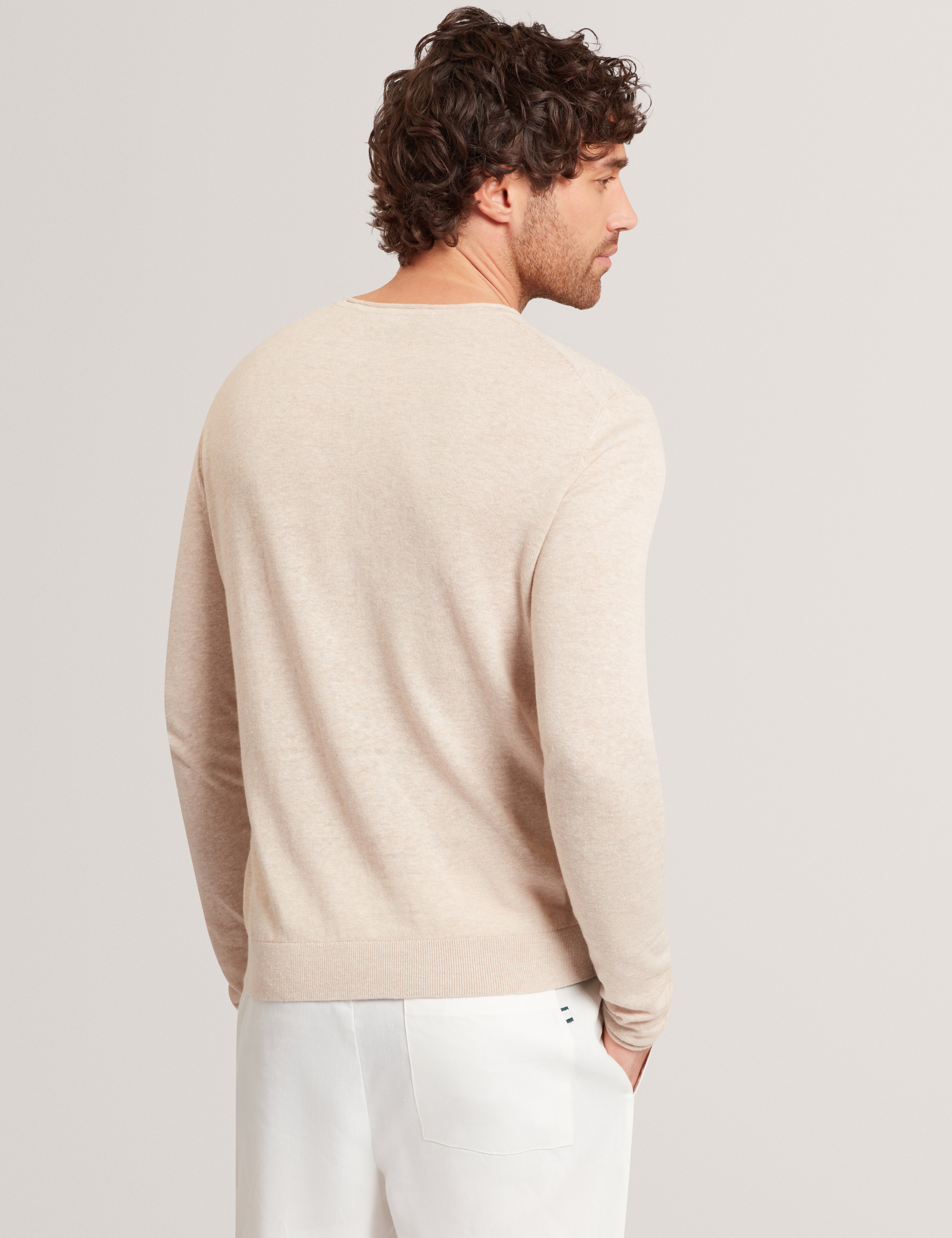 Yaen Long Sleeve Linen Blend Roll Edge Crew Taupe