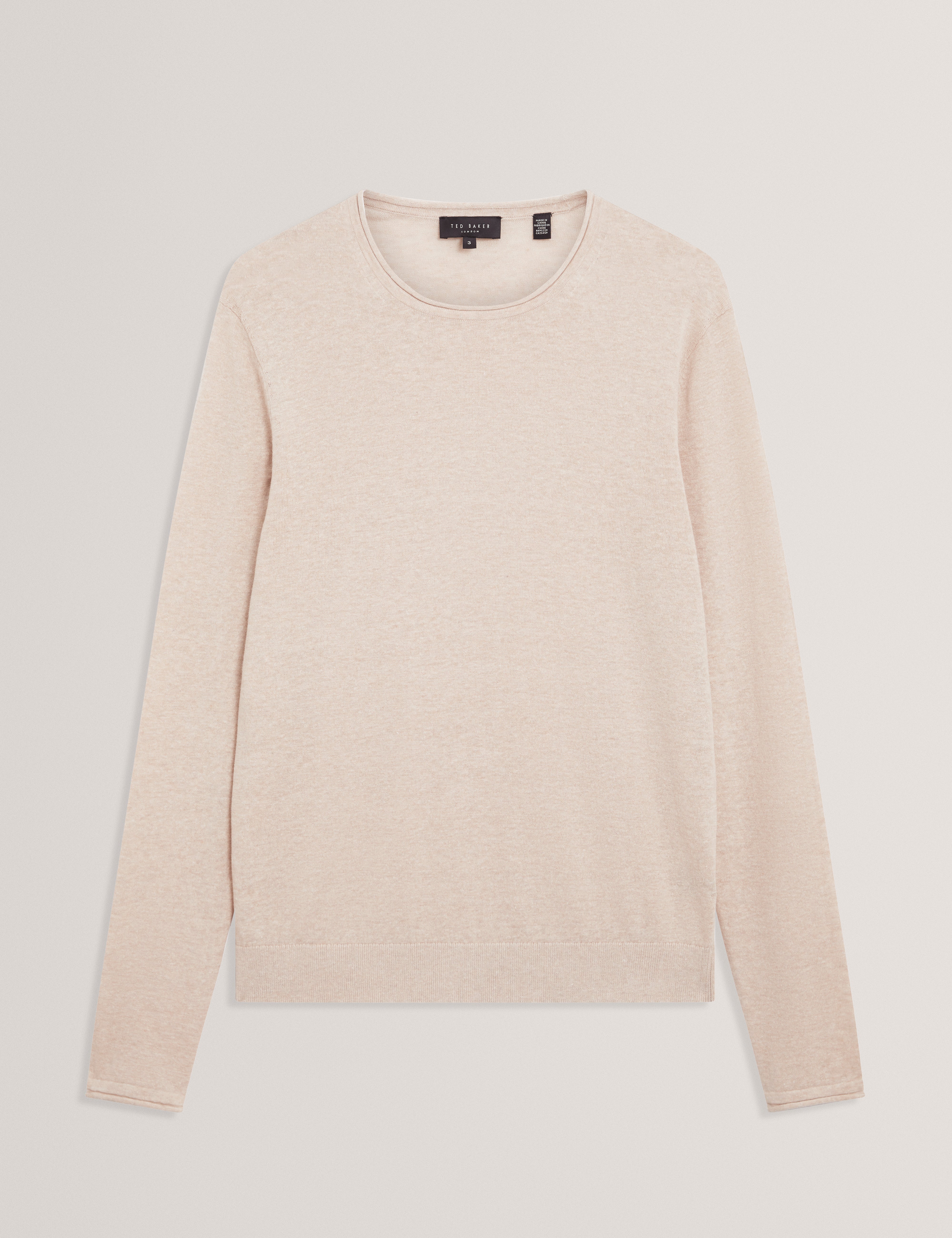 Yaen Long Sleeve Linen Blend Roll Edge Crew Taupe