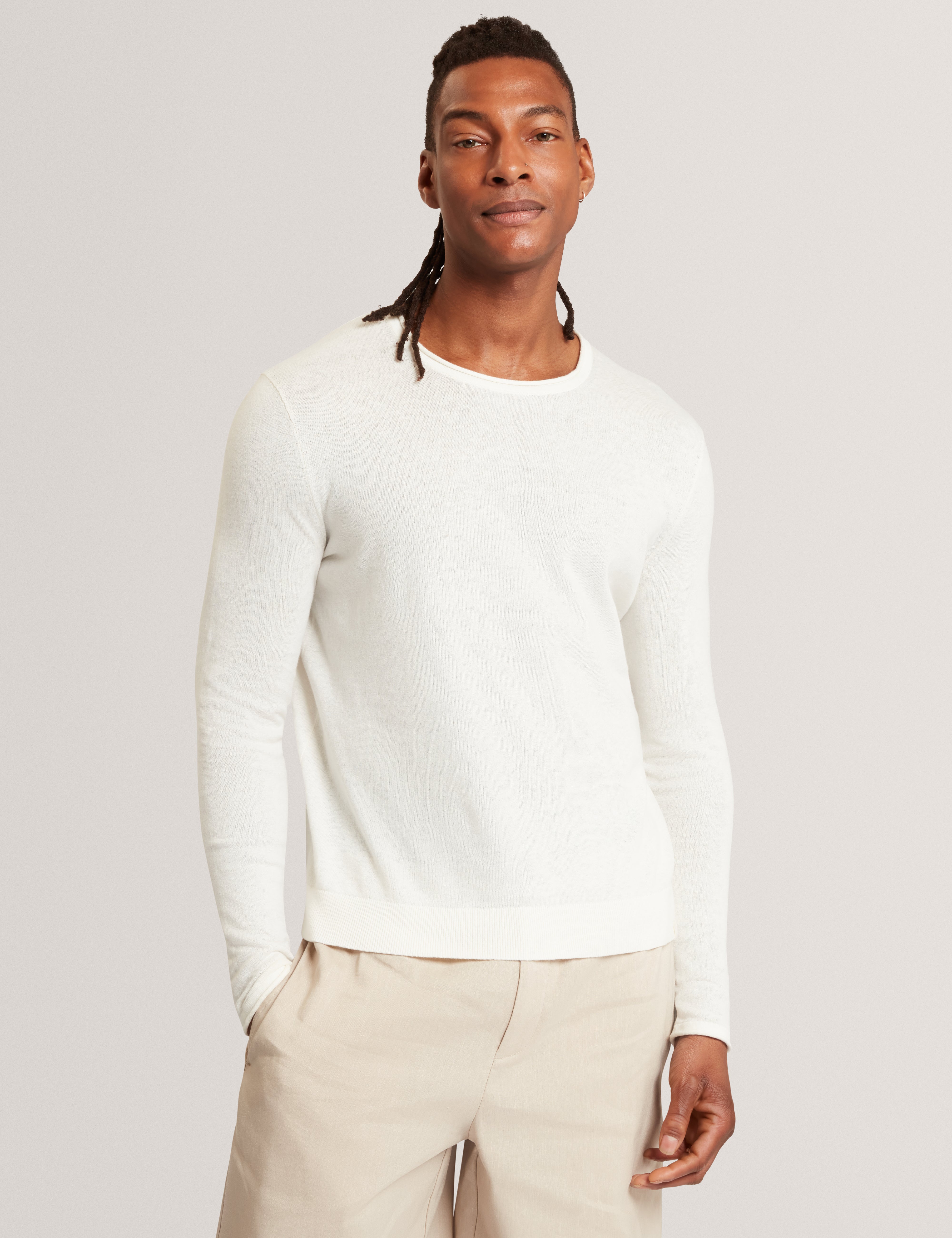 Yaen Long Sleeve Linen Blend Roll Edge Crew White