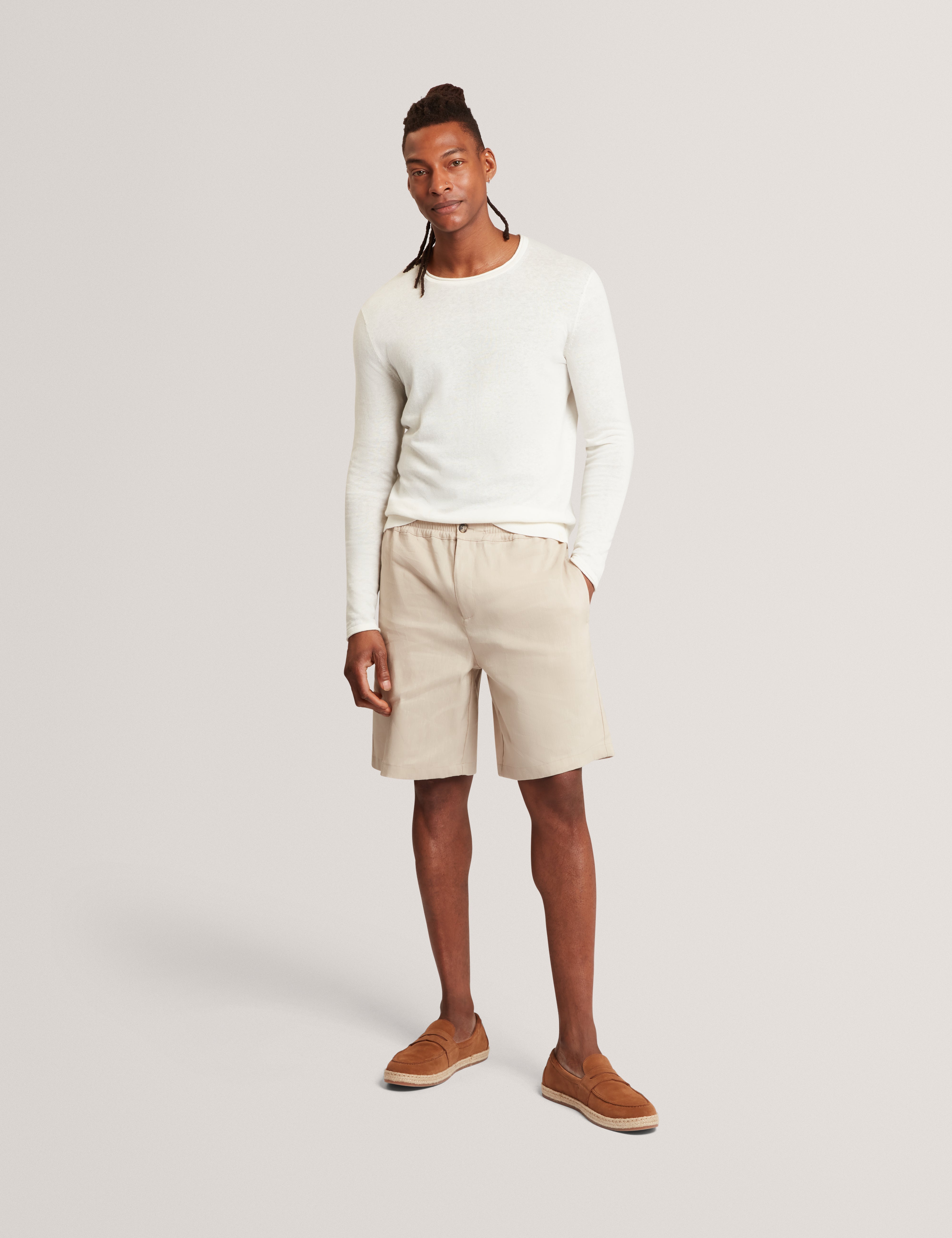 Yaen Long Sleeve Linen Blend Roll Edge Crew White