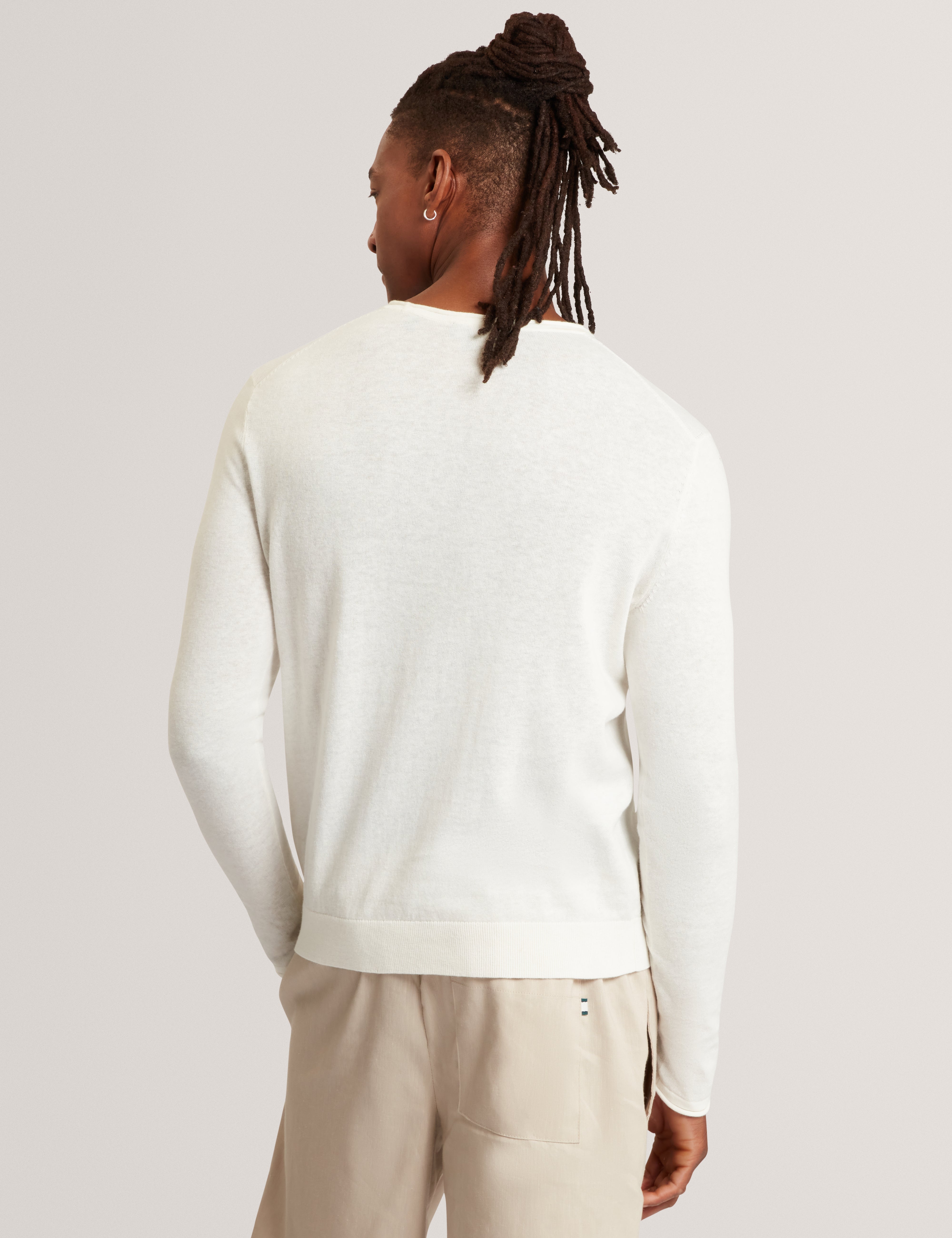 Yaen Long Sleeve Linen Blend Roll Edge Crew White